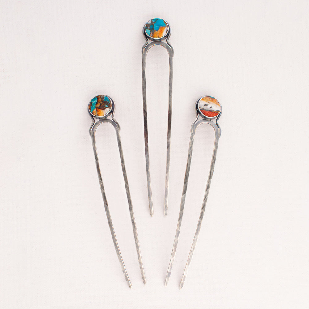 Blue Moon Hair Pin in Spiny Oyster Turquoise & Antiqued Sterling