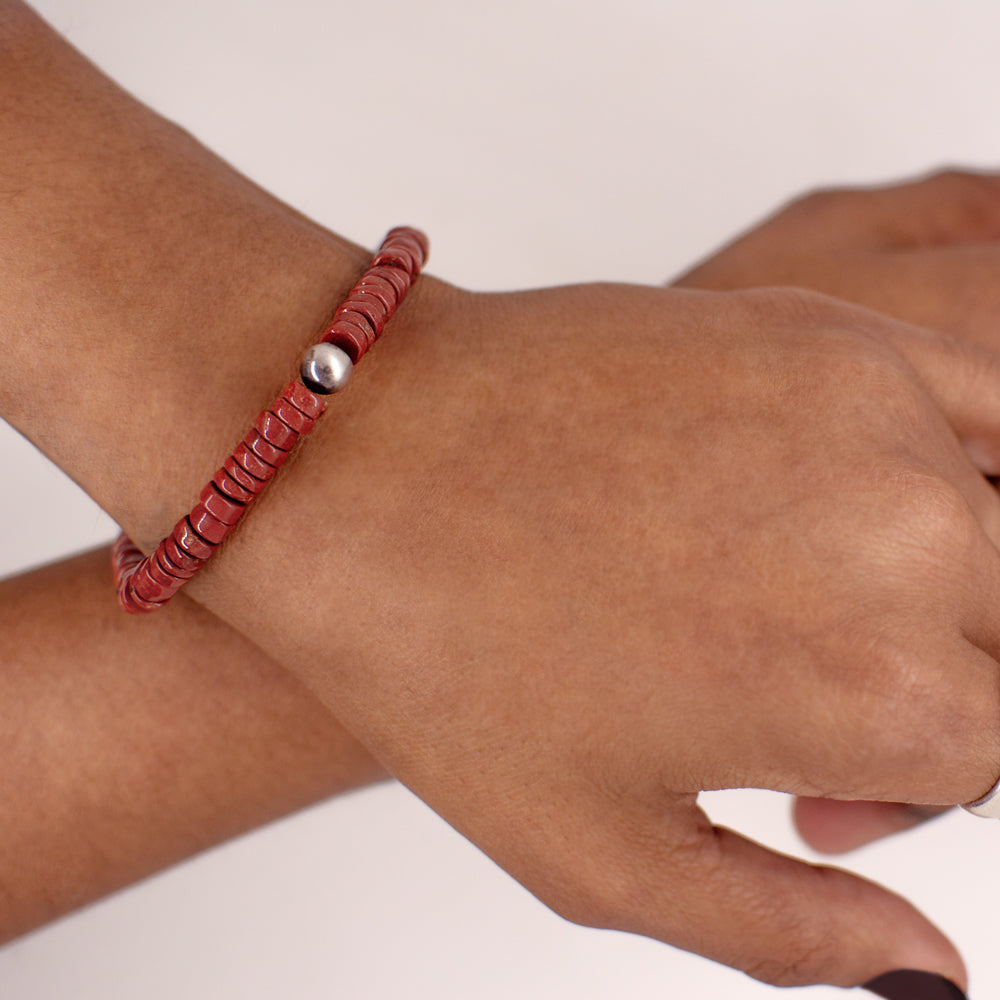 Stone & Sterling Stretch Bracelet in Red Jasper- Unisex Sizing
