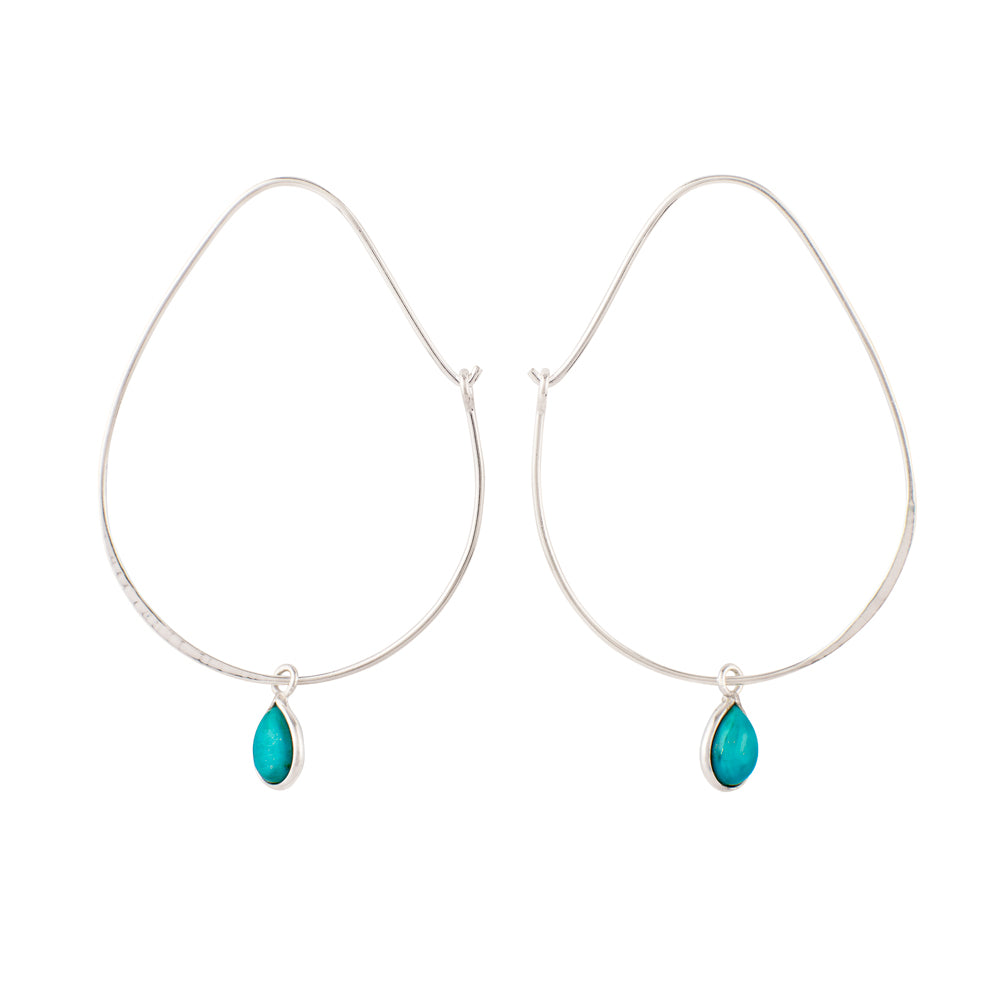 Oval Turquoise Hoops in Silver - 2 1/8" L