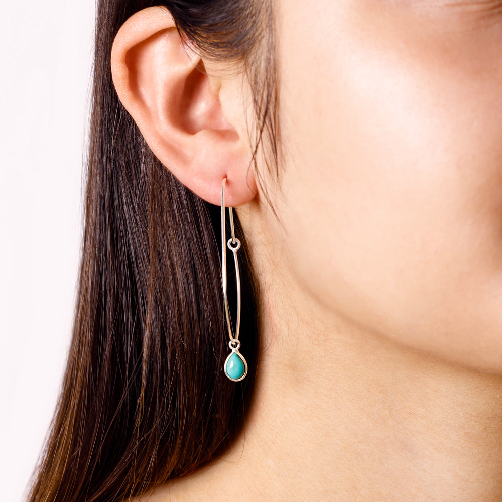 Oval Turquoise Hoops in Silver - 2 1/8" L