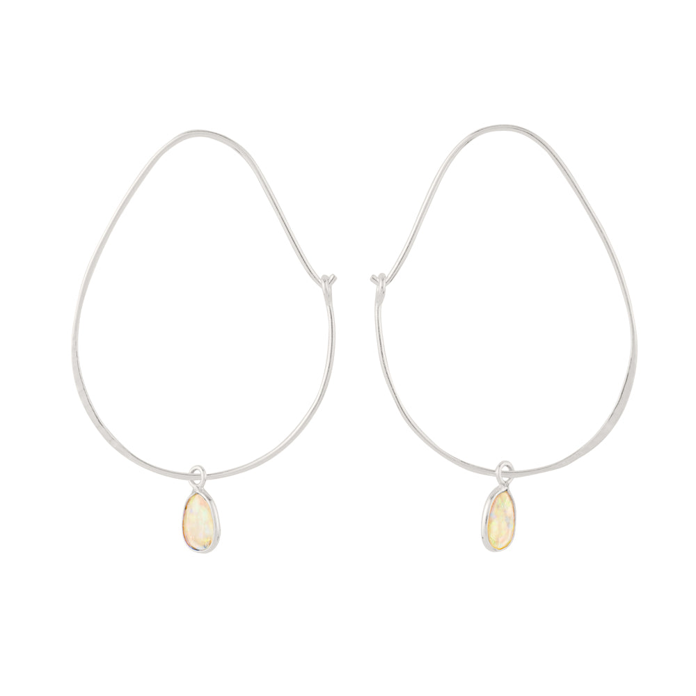 Oval Opal Hoops in Silver - 2 1/8" L