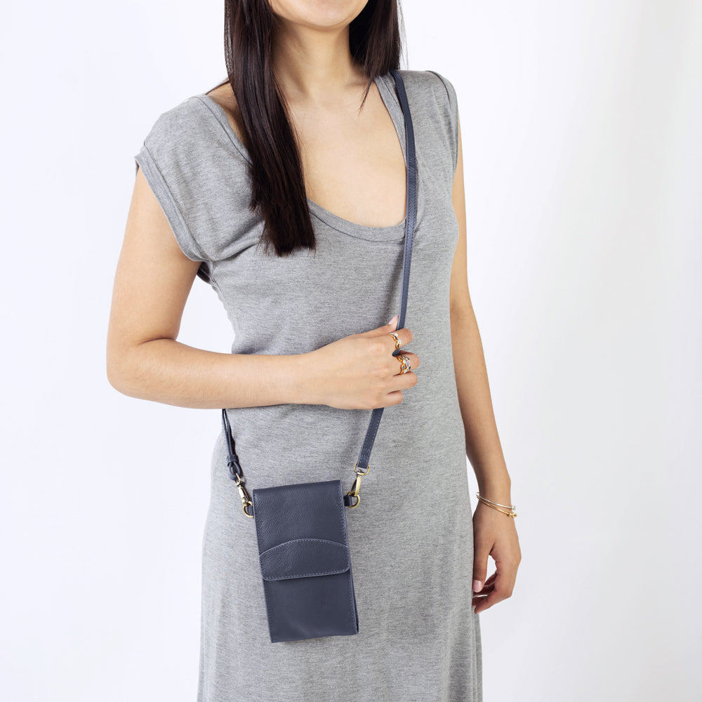 On the Move Leather Phone Bag in Navy Blue