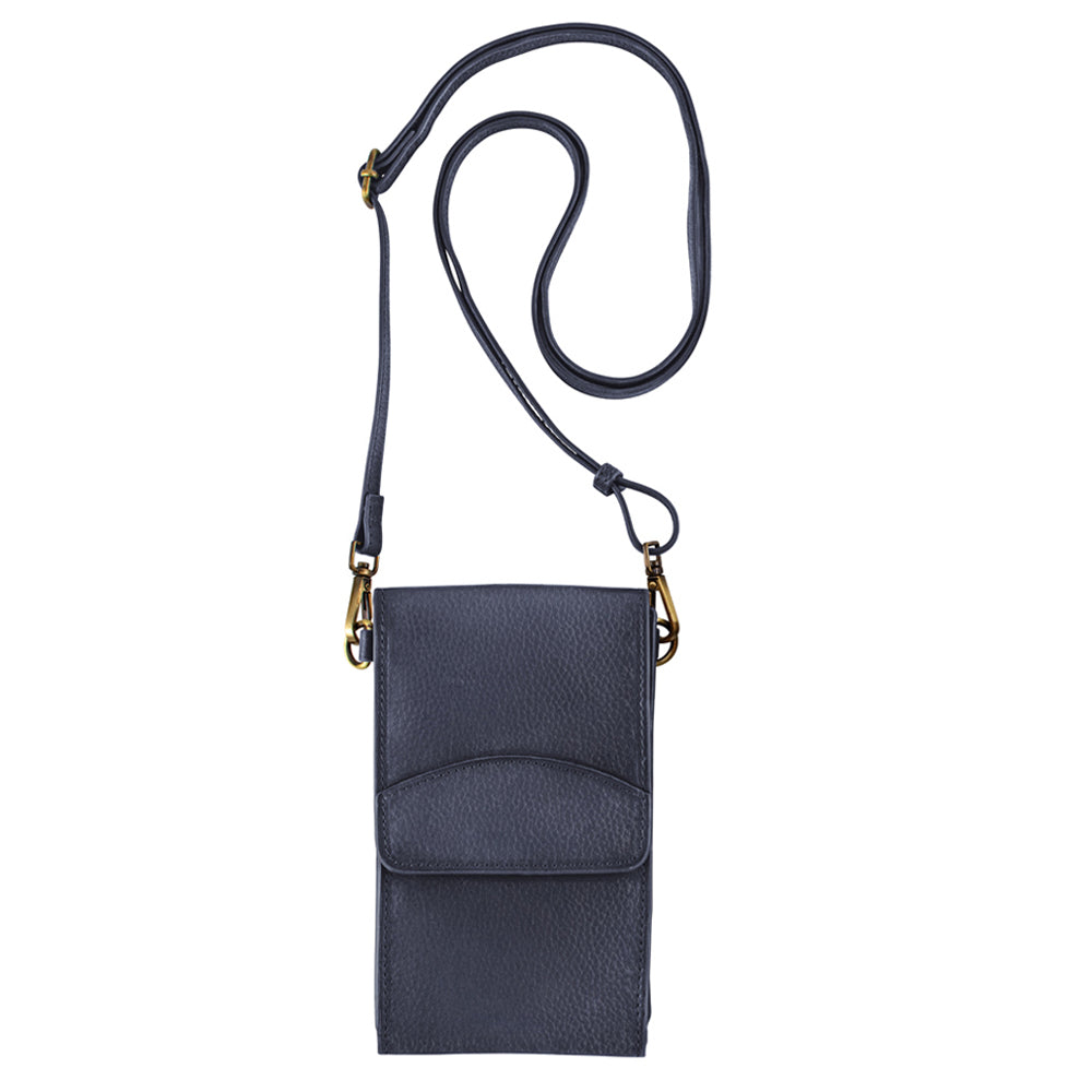 On the Move Leather Phone Bag in Navy Blue