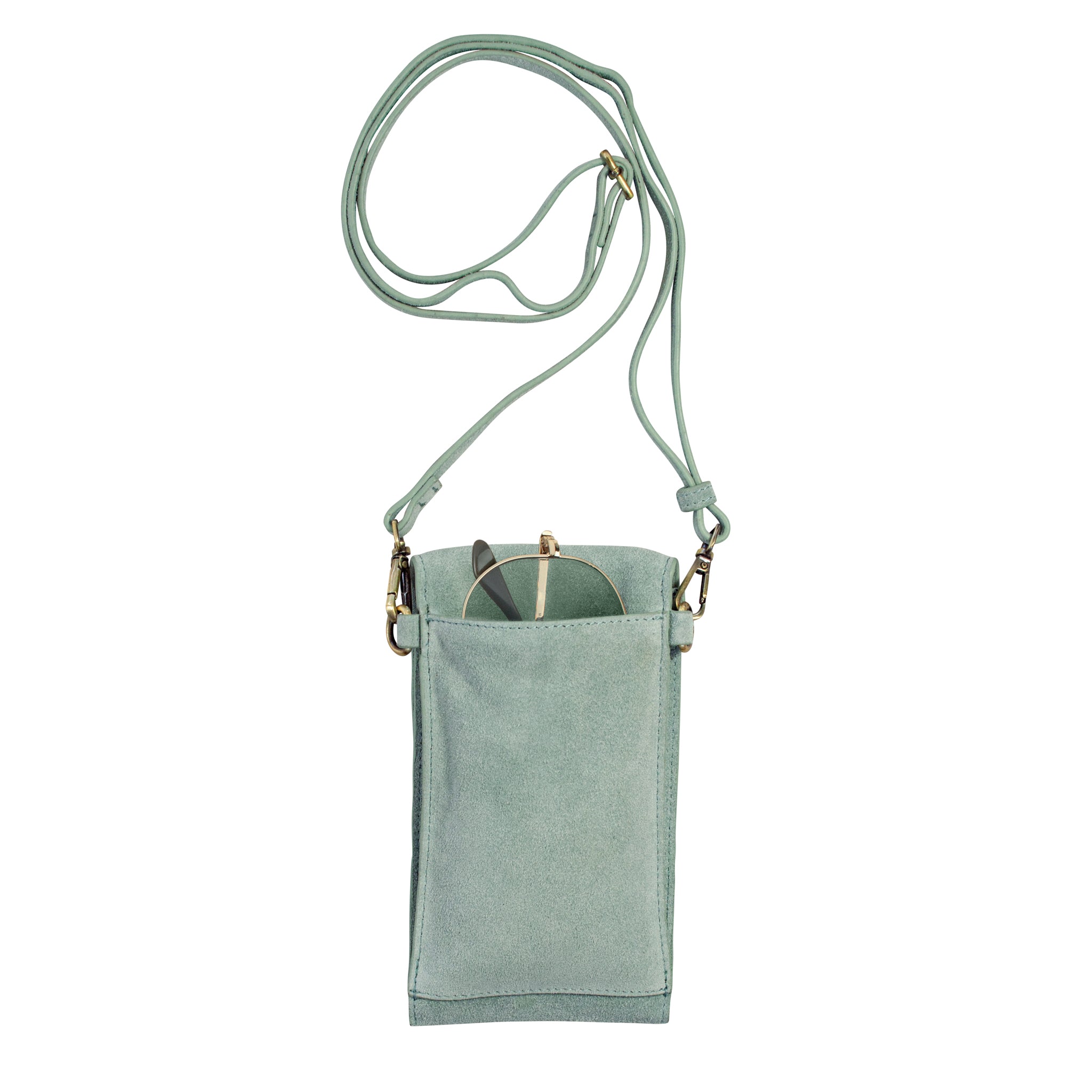 On the Move Leather Phone Bag in Sea Glass Suede
