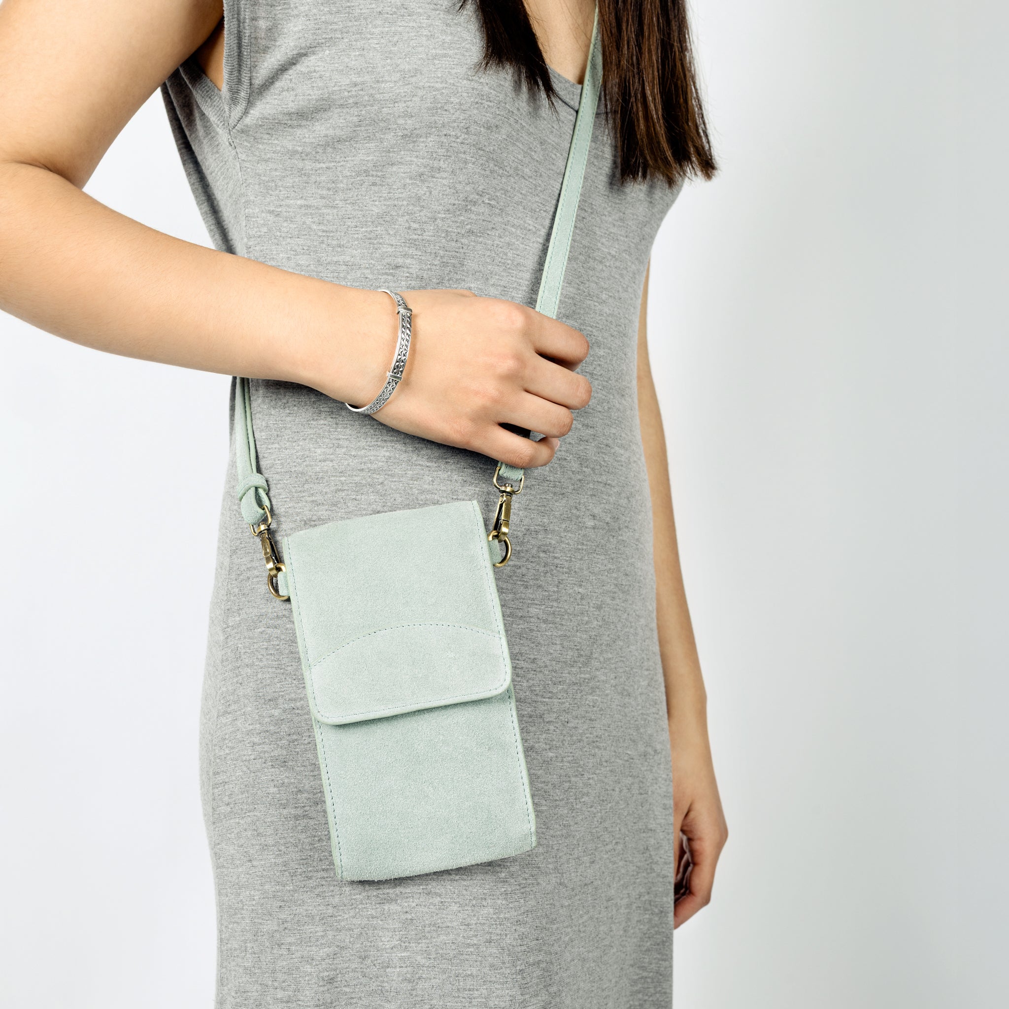 On the Move Leather Phone Bag in Sea Glass Suede