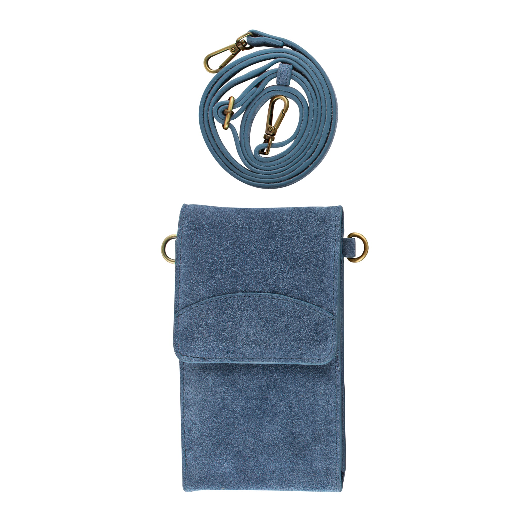 On the Move Leather Phone Bag in Dusty Blue Suede