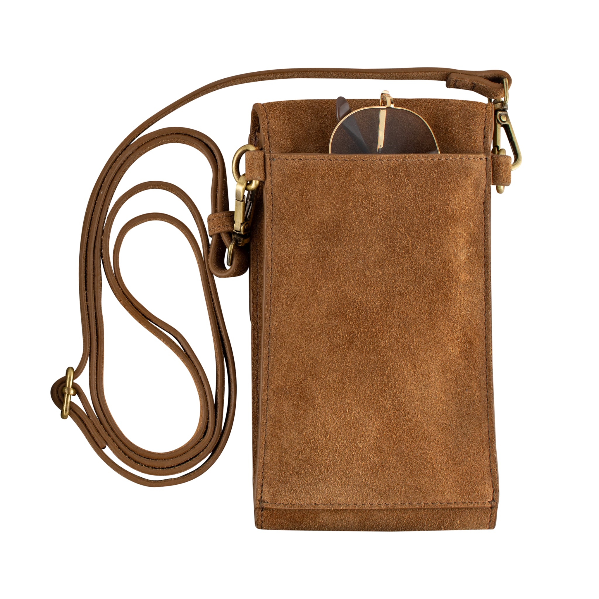On the Move Leather Phone Bag in Chestnut Brown Suede