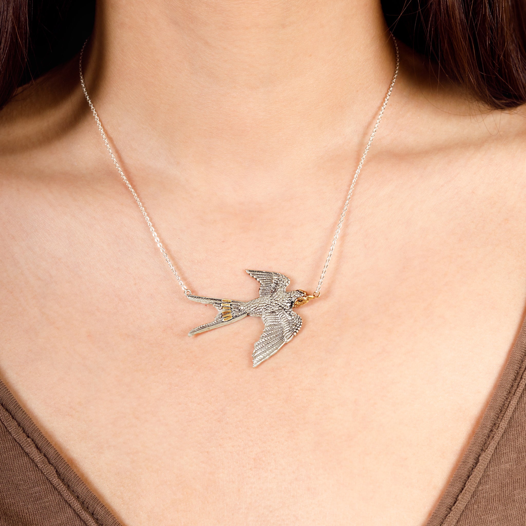 Barn Swallow Necklace in Silver with Bronze Accents - Large