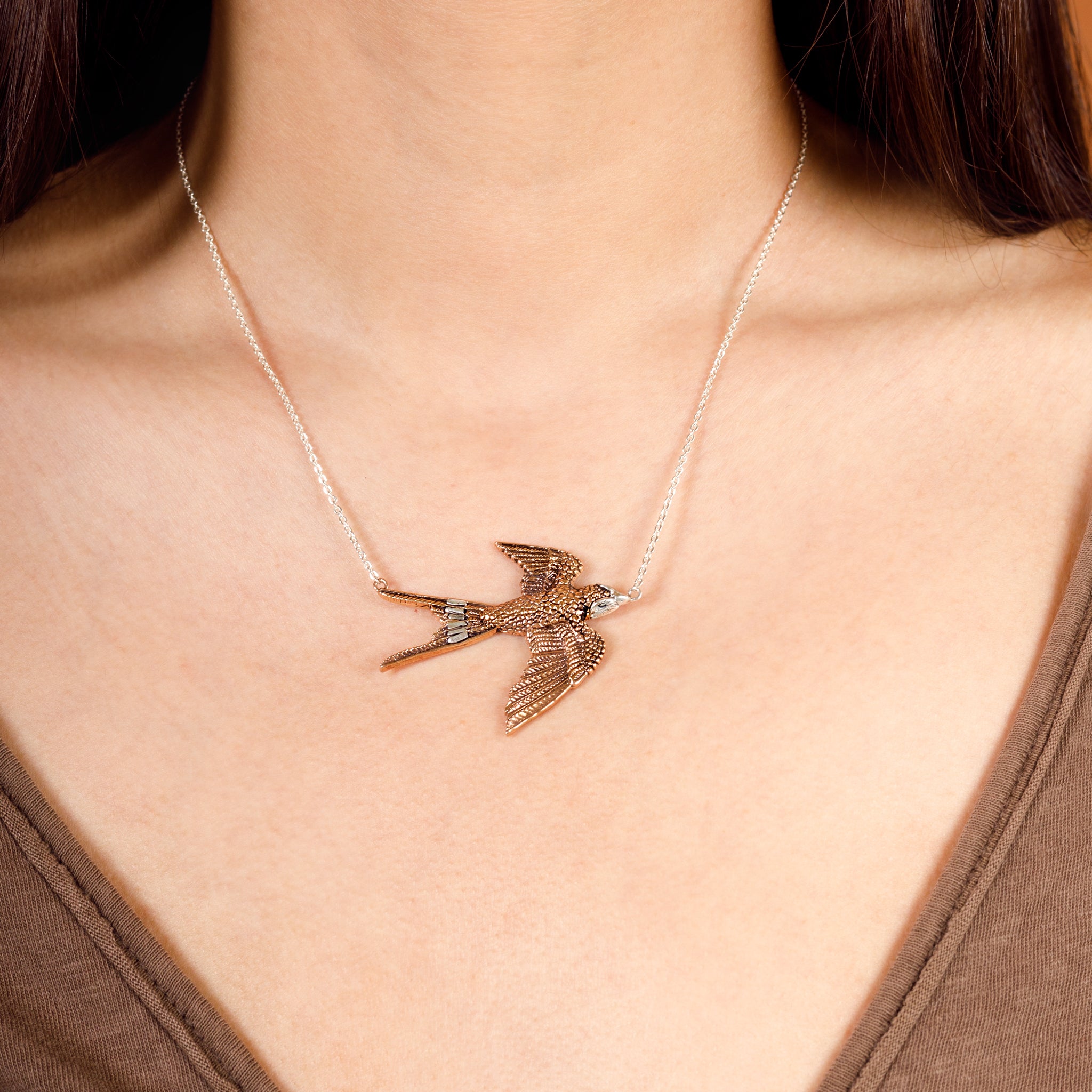 Barn Swallow Necklace in Bronze with Silver Accents - Large