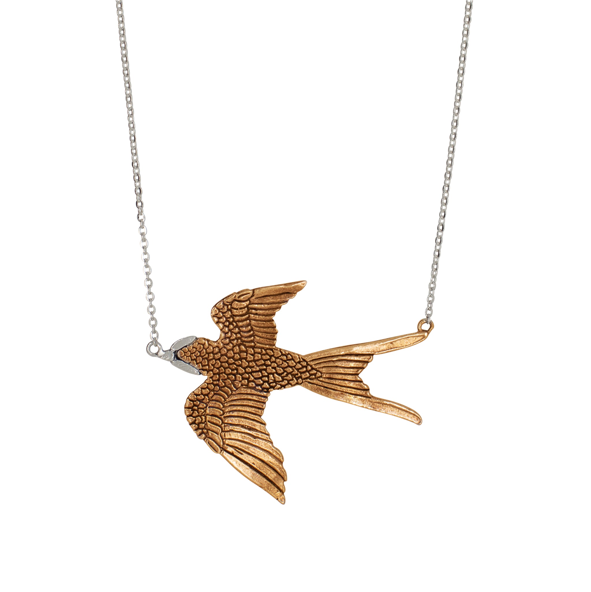 Barn Swallow Necklace in Bronze with Silver Accents - Large