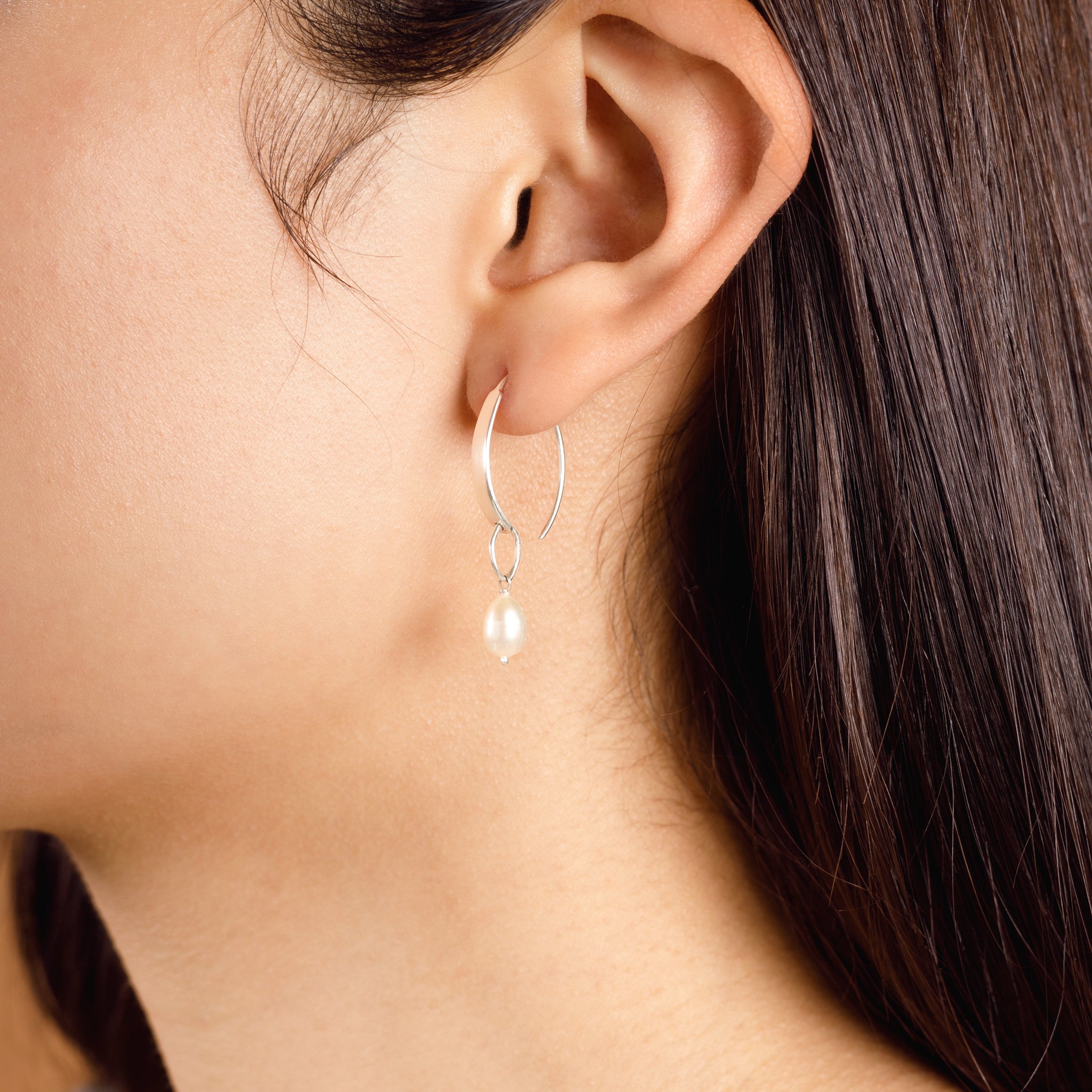 Stone Drop Crescent Earrings in Pearl & Silver