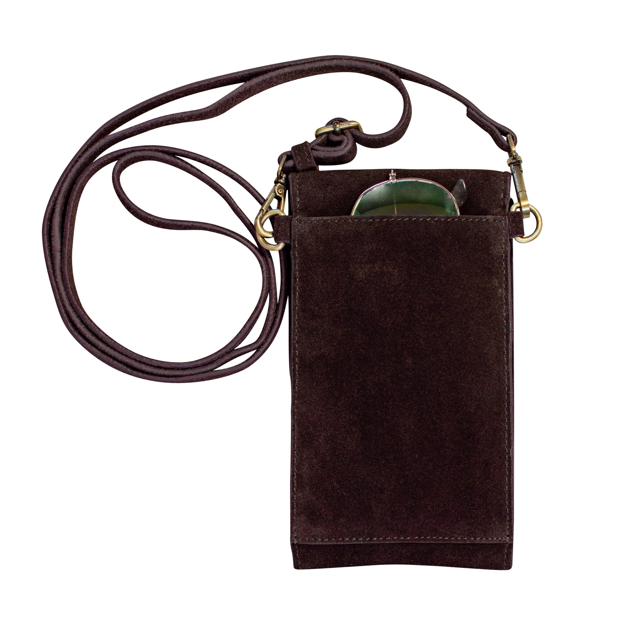 On the Move Leather Phone Bag in Chocolate Brown Suede