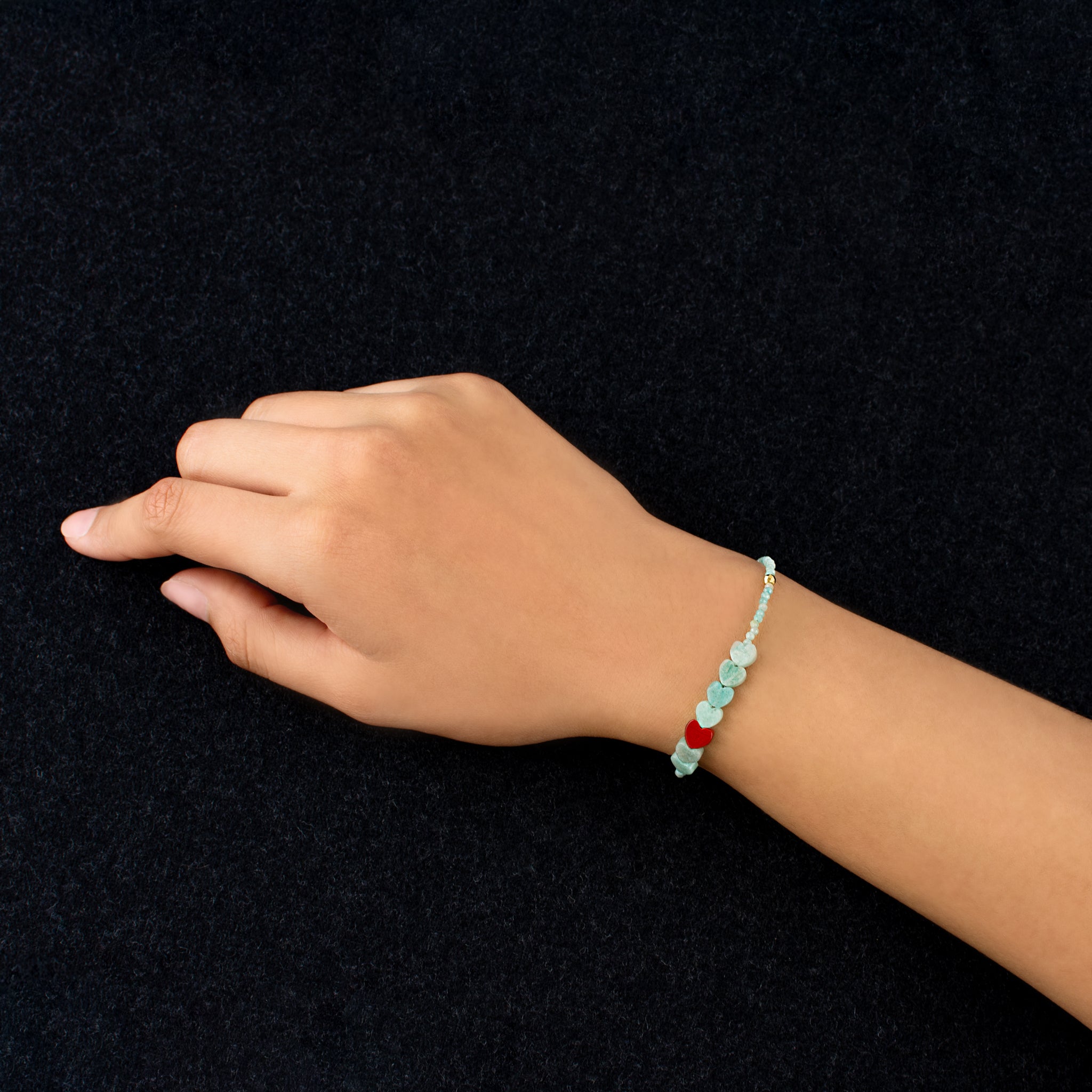 Pyrite's Booty Bracelet in Amazonite Hearts & 2mm with Red Jasper Heart