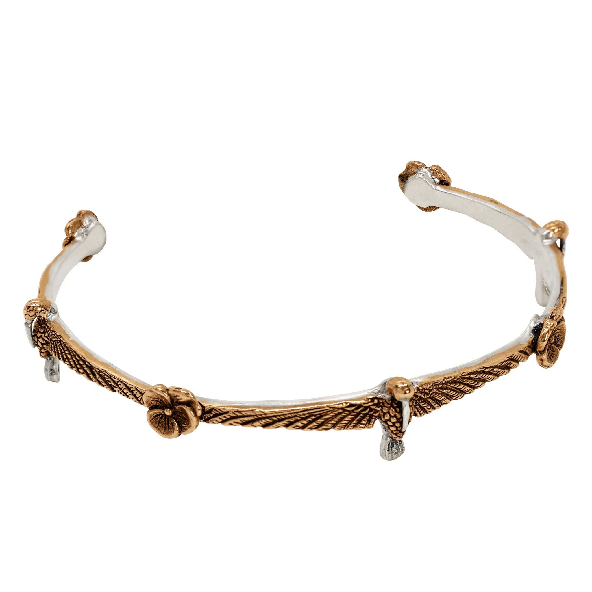 Hummingbird & Pansy Cuff in Bronze & Silver