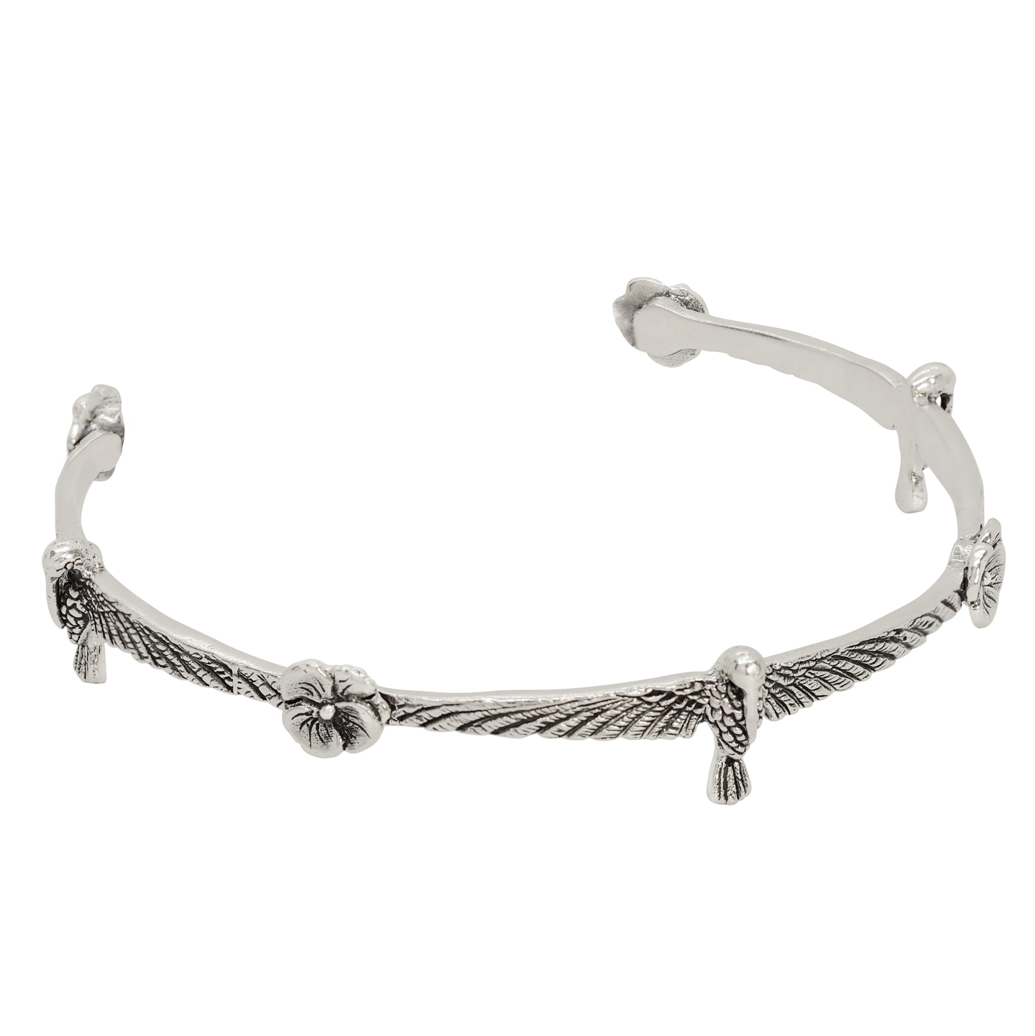 Hummingbird & Pansy Cuff in Silver