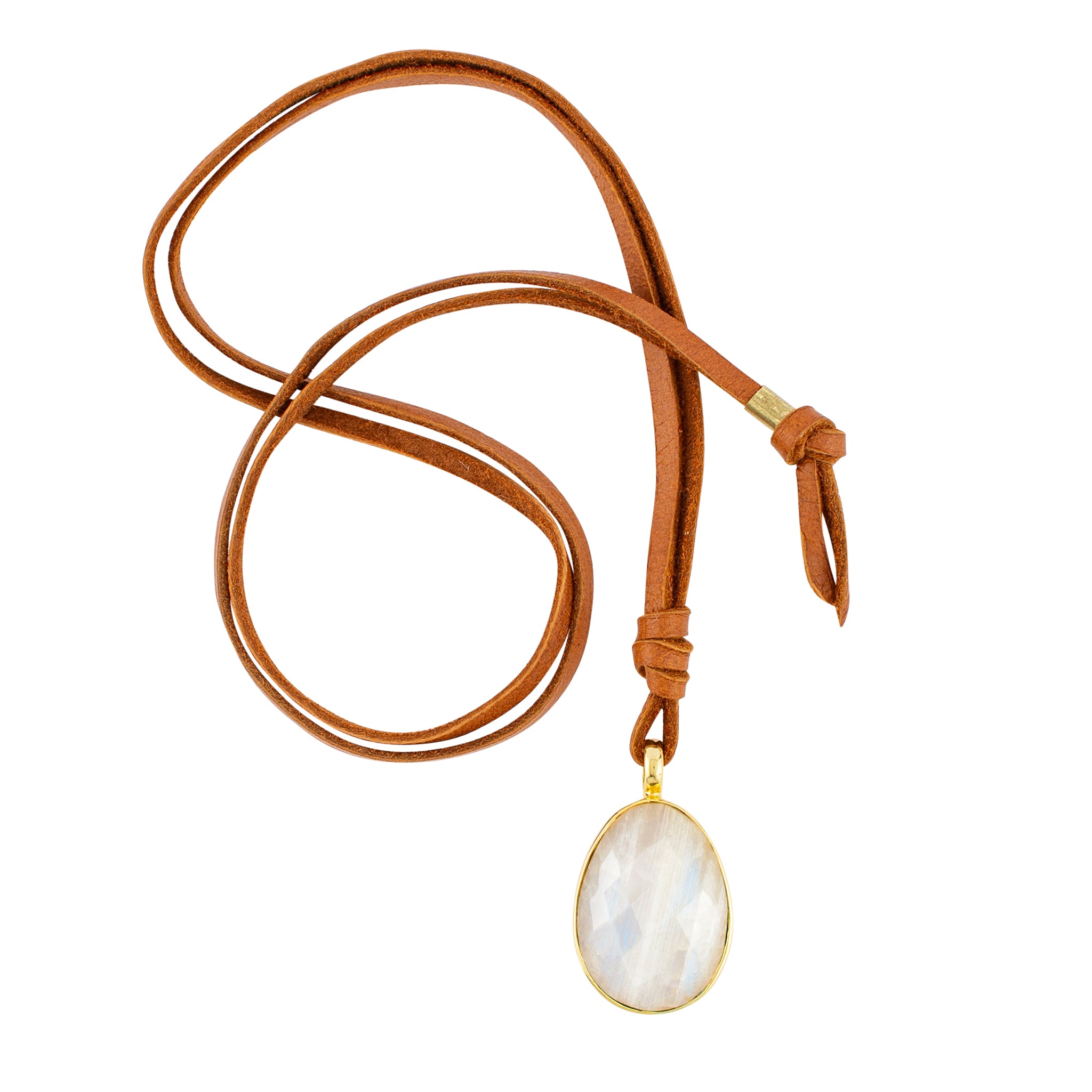 Leather & Stone Necklace in Moonstone & Gold
