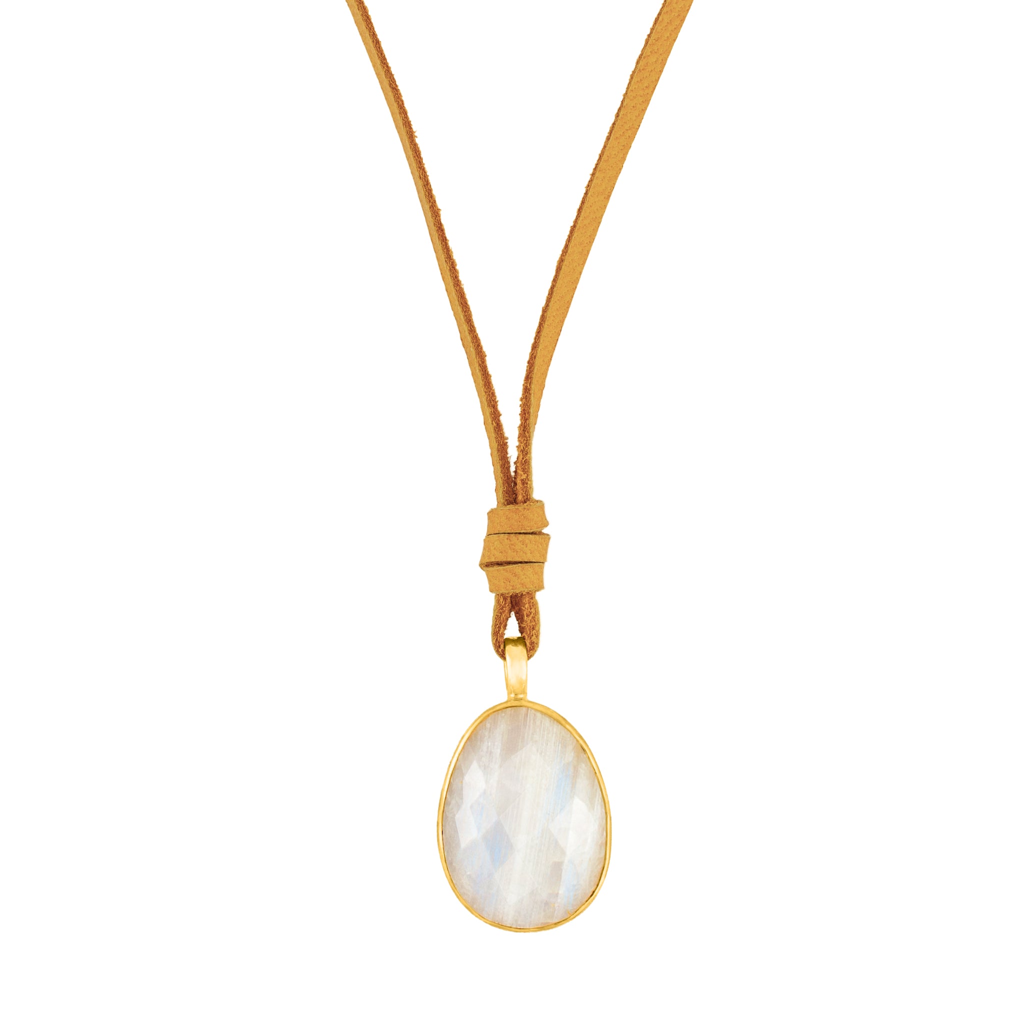 Leather & Stone Necklace in Moonstone & Gold