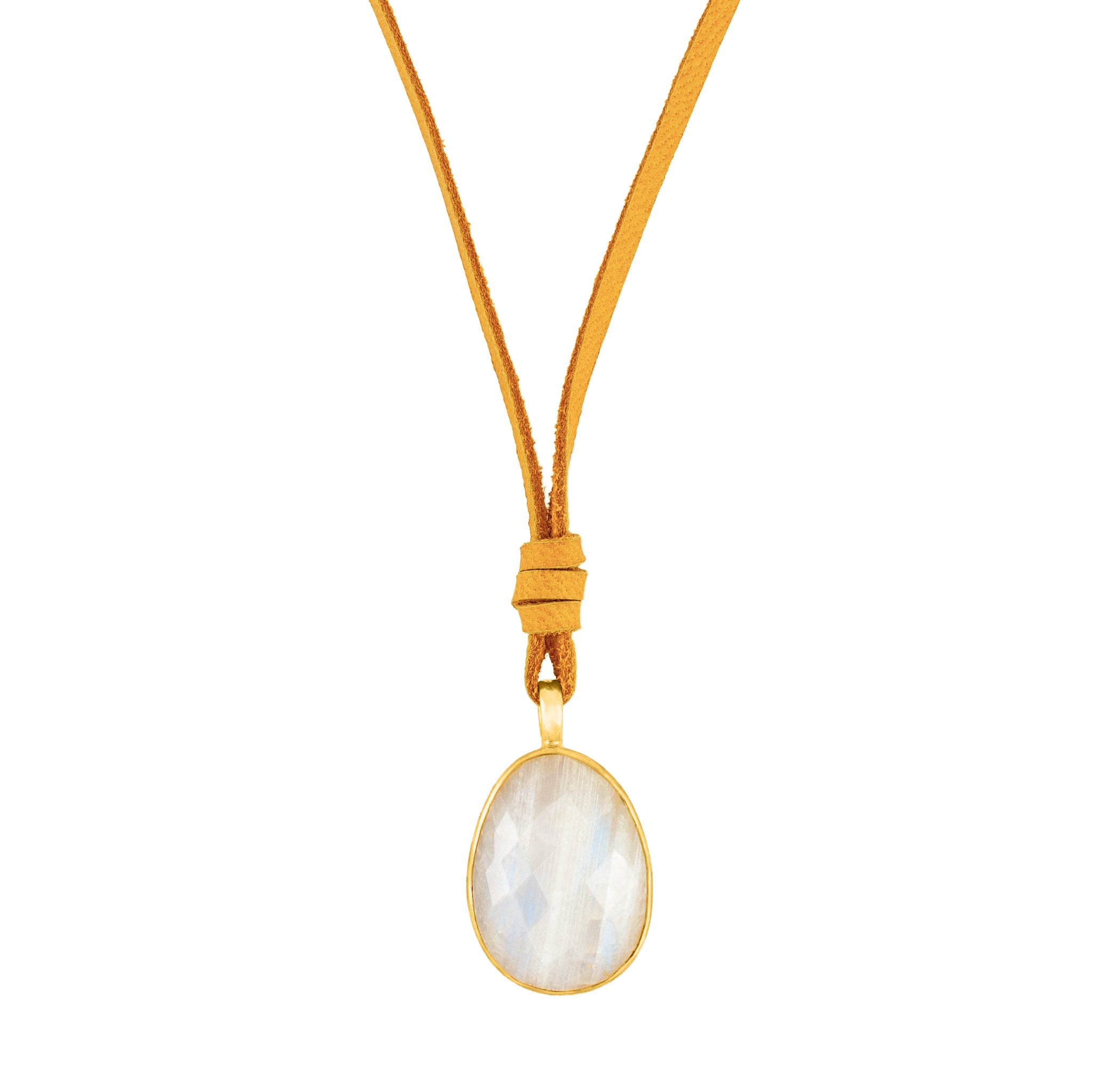 Leather & Stone Necklace in Moonstone & Gold