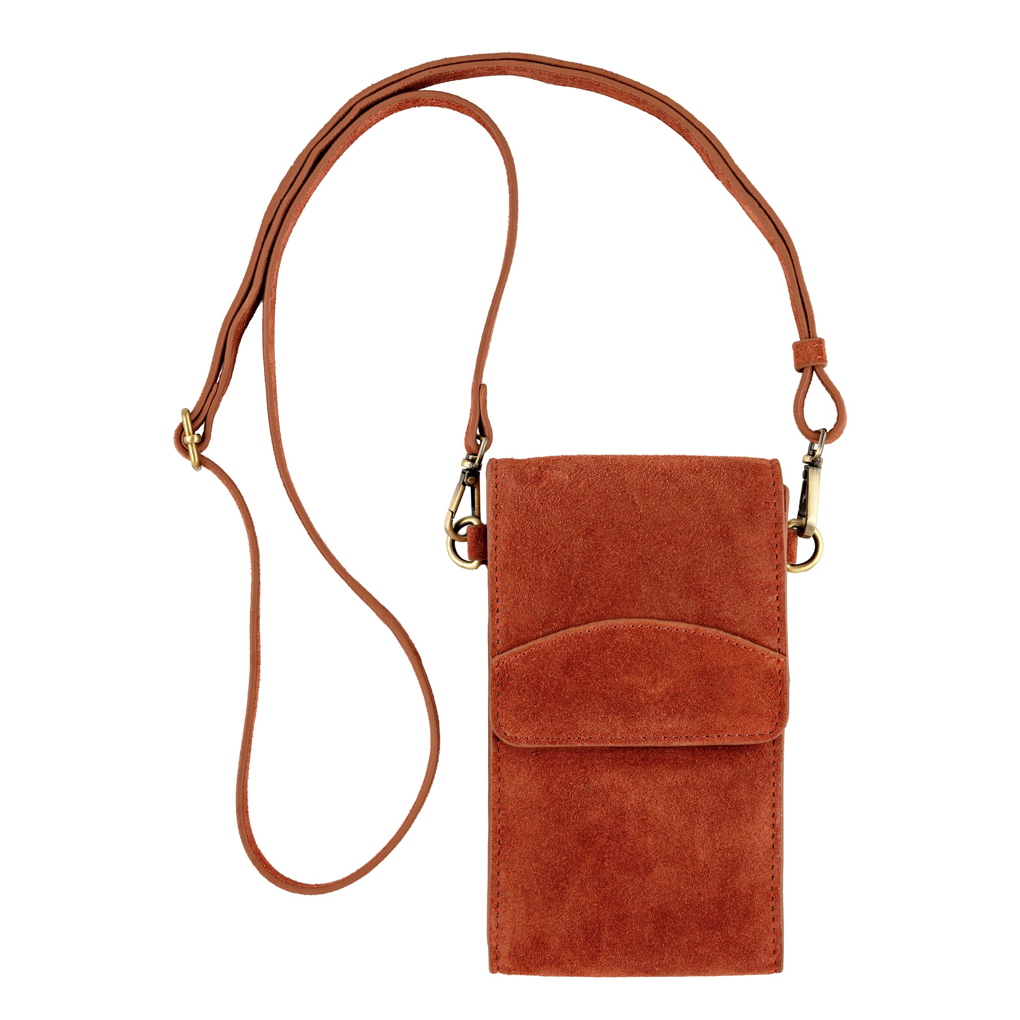 On the Move Leather Phone Bag in Terracotta Orange Suede | Available to Ship May 22, 2026
