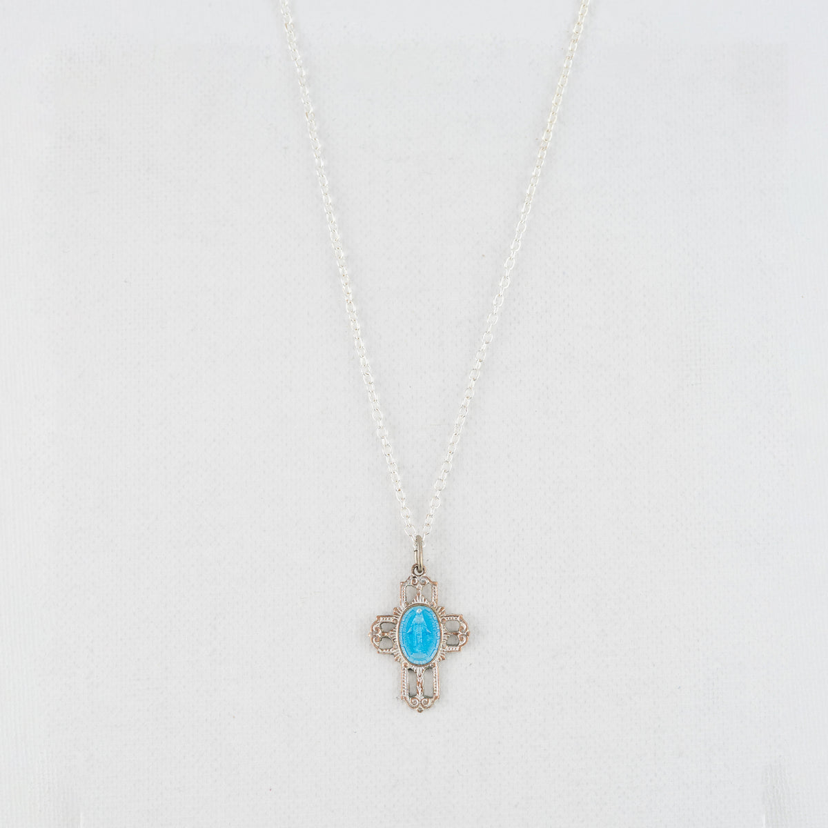 Vintage Medal Miraculous Mary Blue Enamel v25