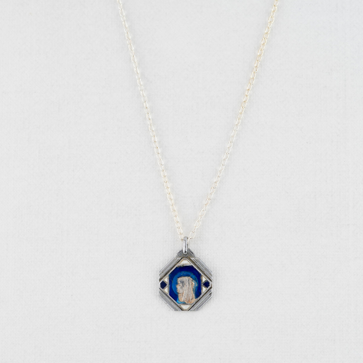 Vintage Medal Our Lady of Lourdes Blue Enamel v9