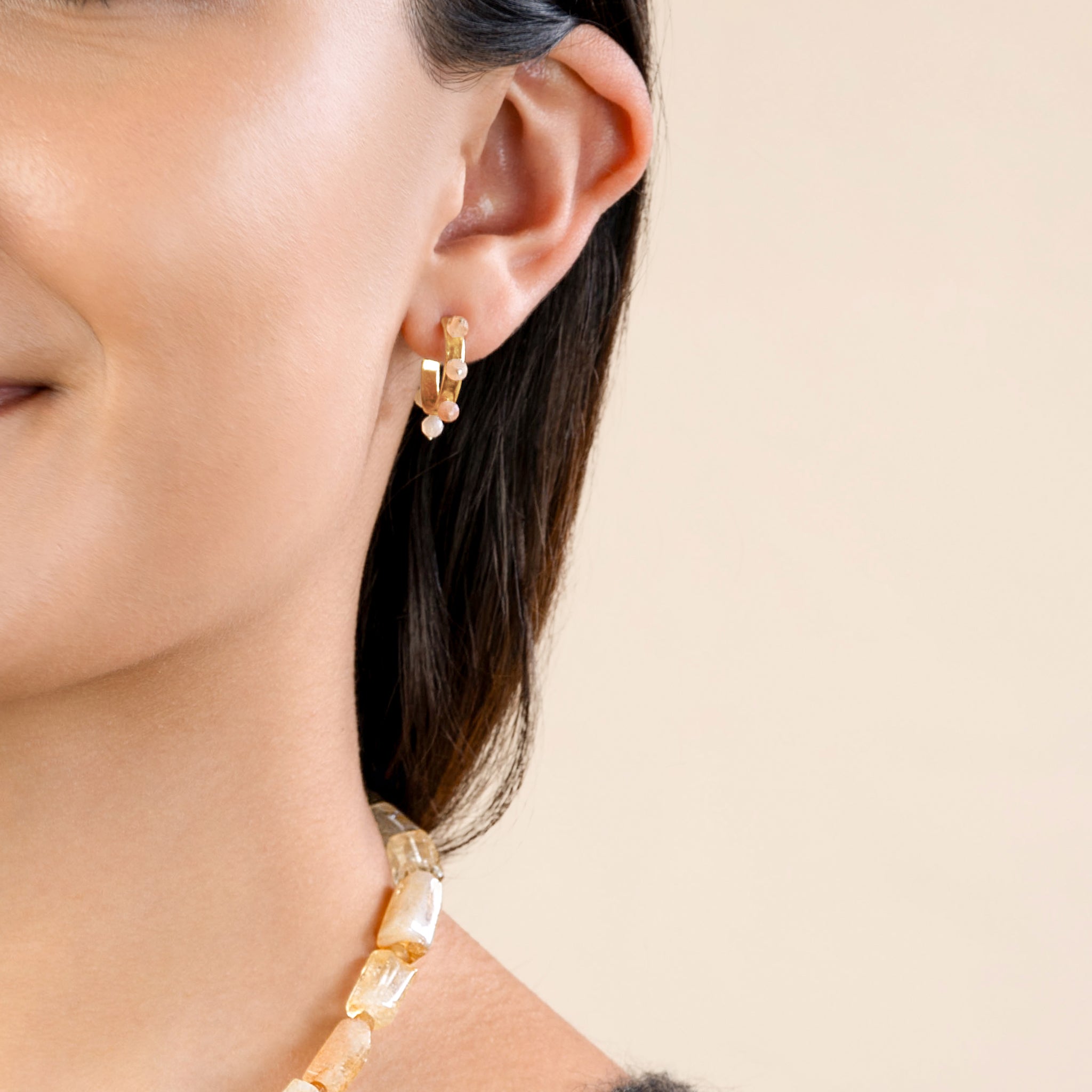 Stone Studded Post Hoops in Sunstone - Bronze & Silver