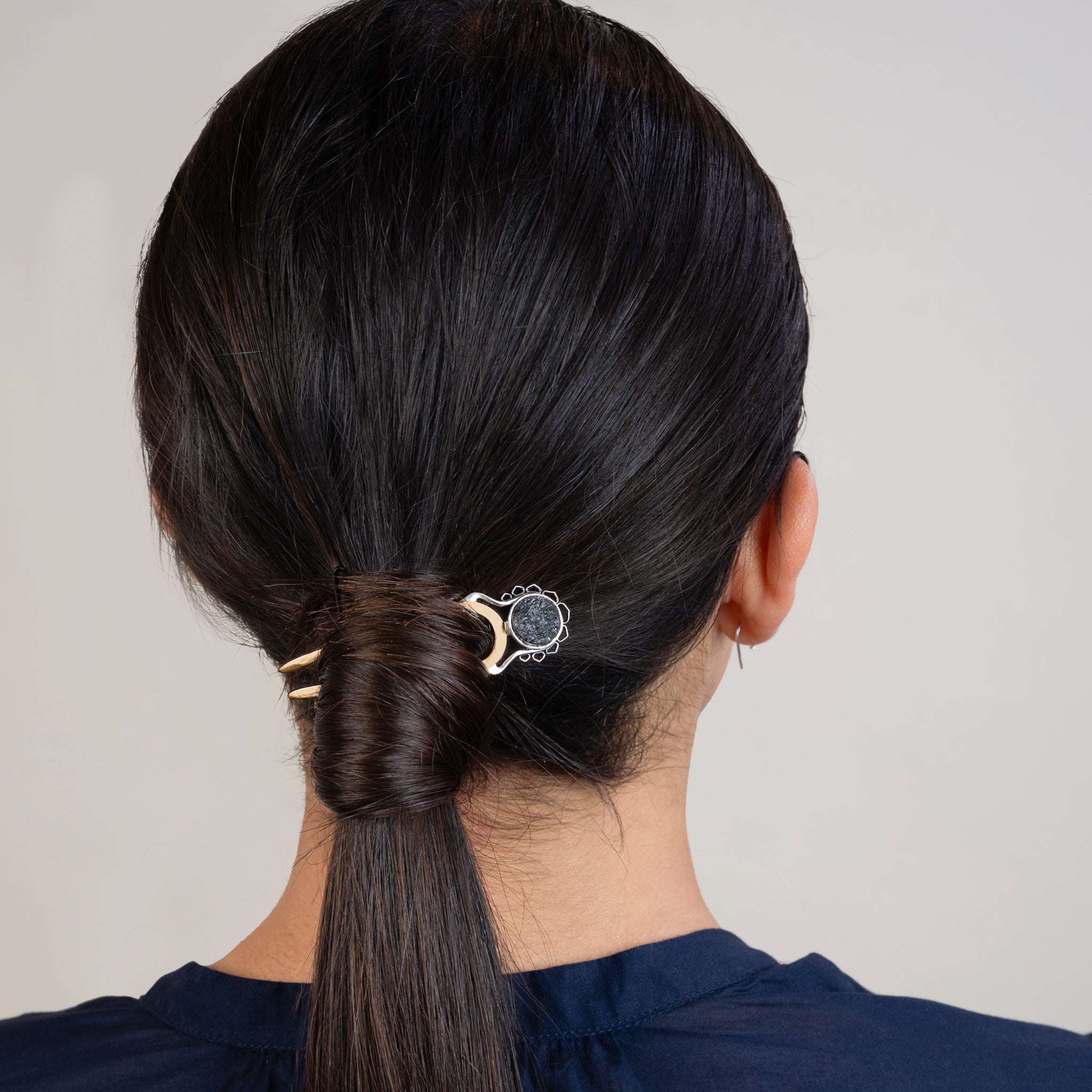 Open Lotus Hair Pin in Black Tourmaline - 2 1/2" L | Available to Ship September 10, 2026