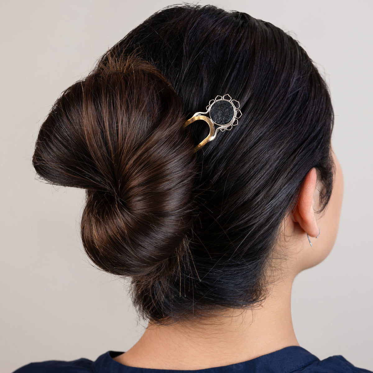 Open Lotus Hair Pin in Black Tourmaline - 5" L | Available to Ship September 10, 2026