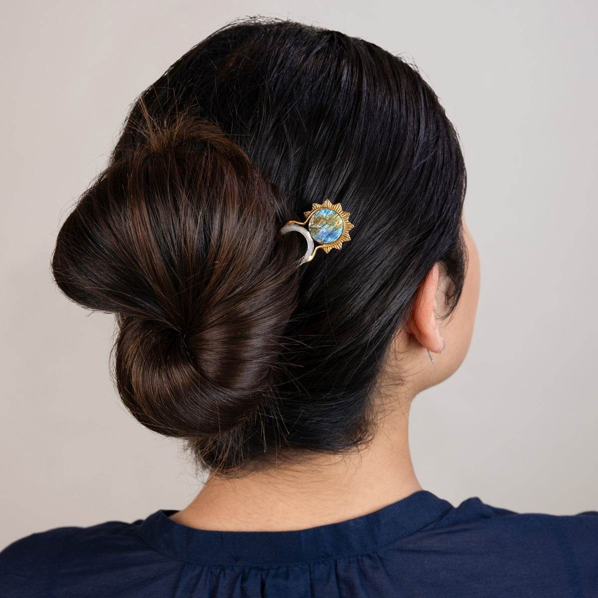Stoneburst Hair Pin in Labradorite & Silver with Bronze Accents - 5" L