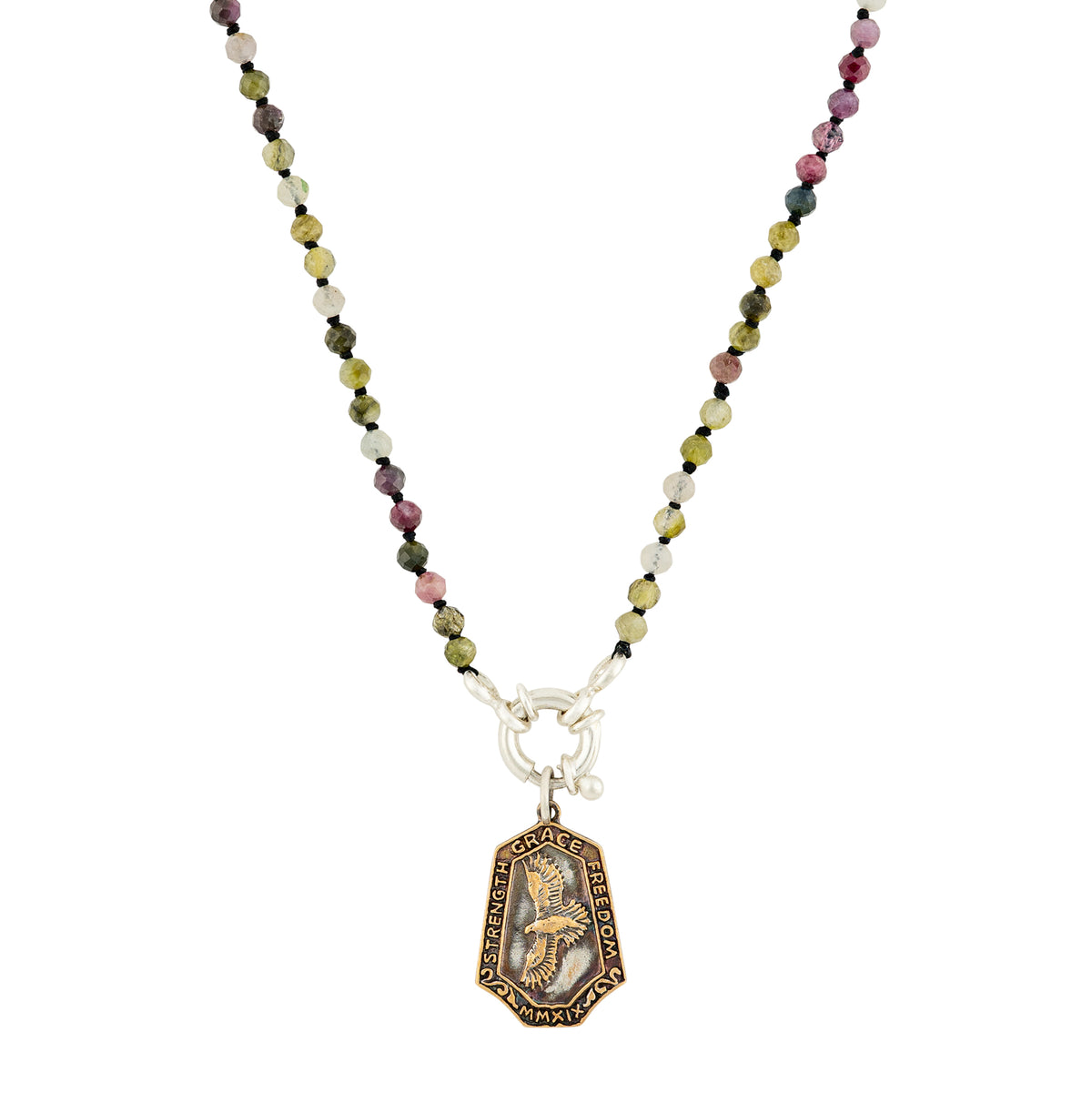 Stone & Silk Nature Saint Necklace in Multicolored Tourmaline