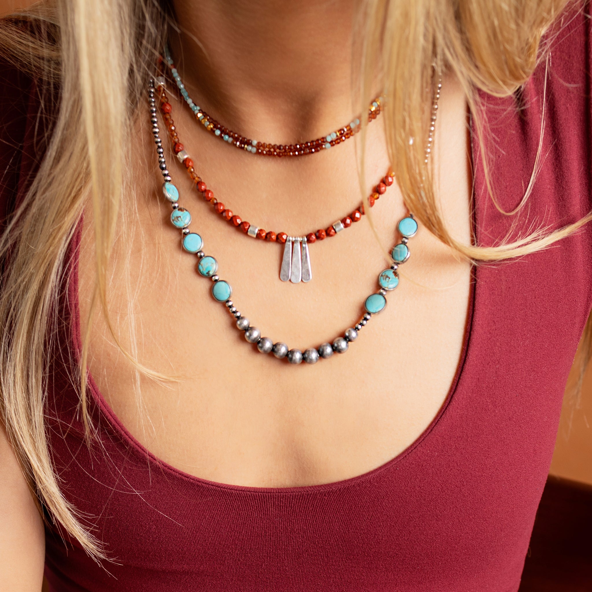 Side Stacked Bonfire Turquoise Coin Necklace