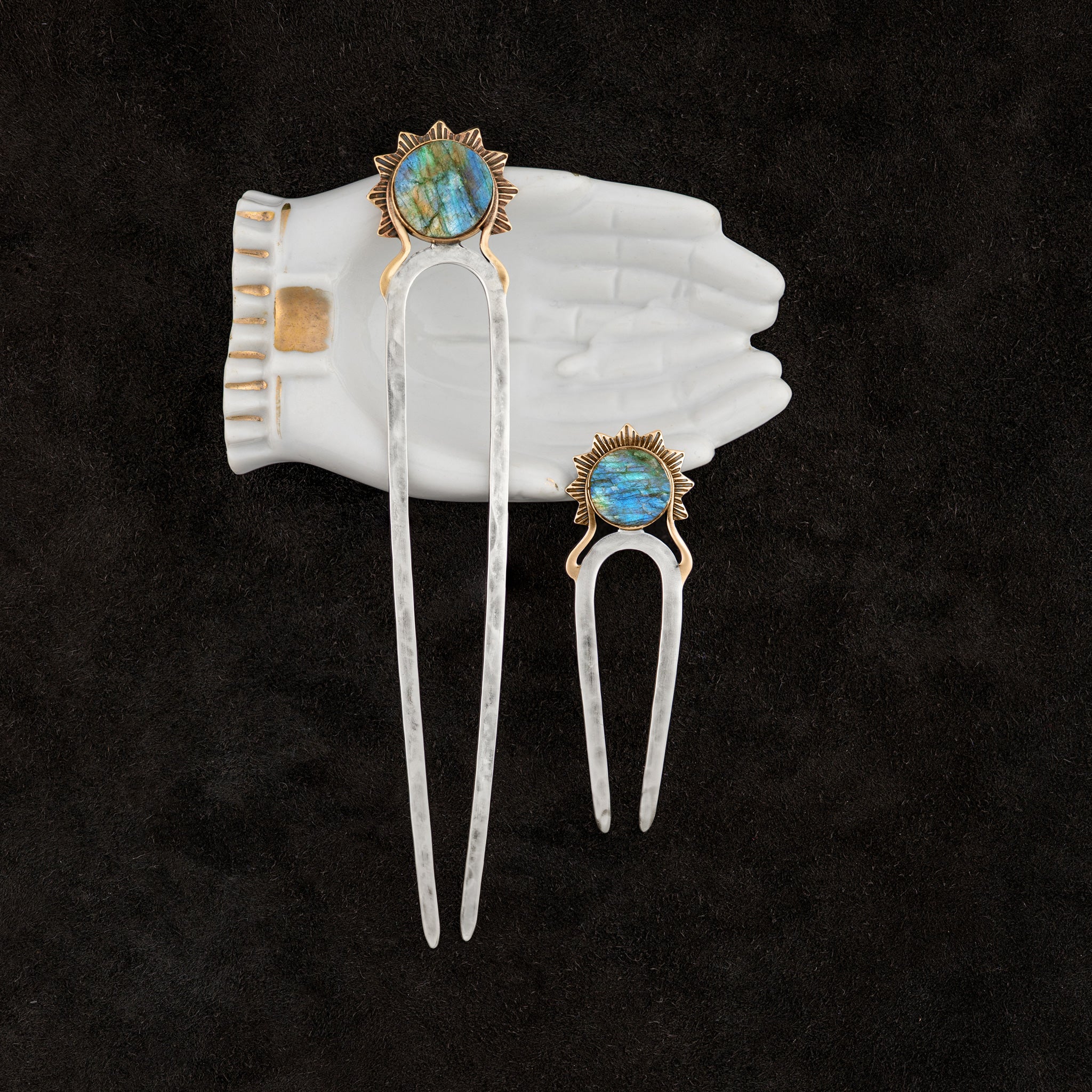 Stoneburst Hair Pin in Labradorite & Silver with Bronze Accents - 2 1/2" L | Available to Ship September 10, 2026