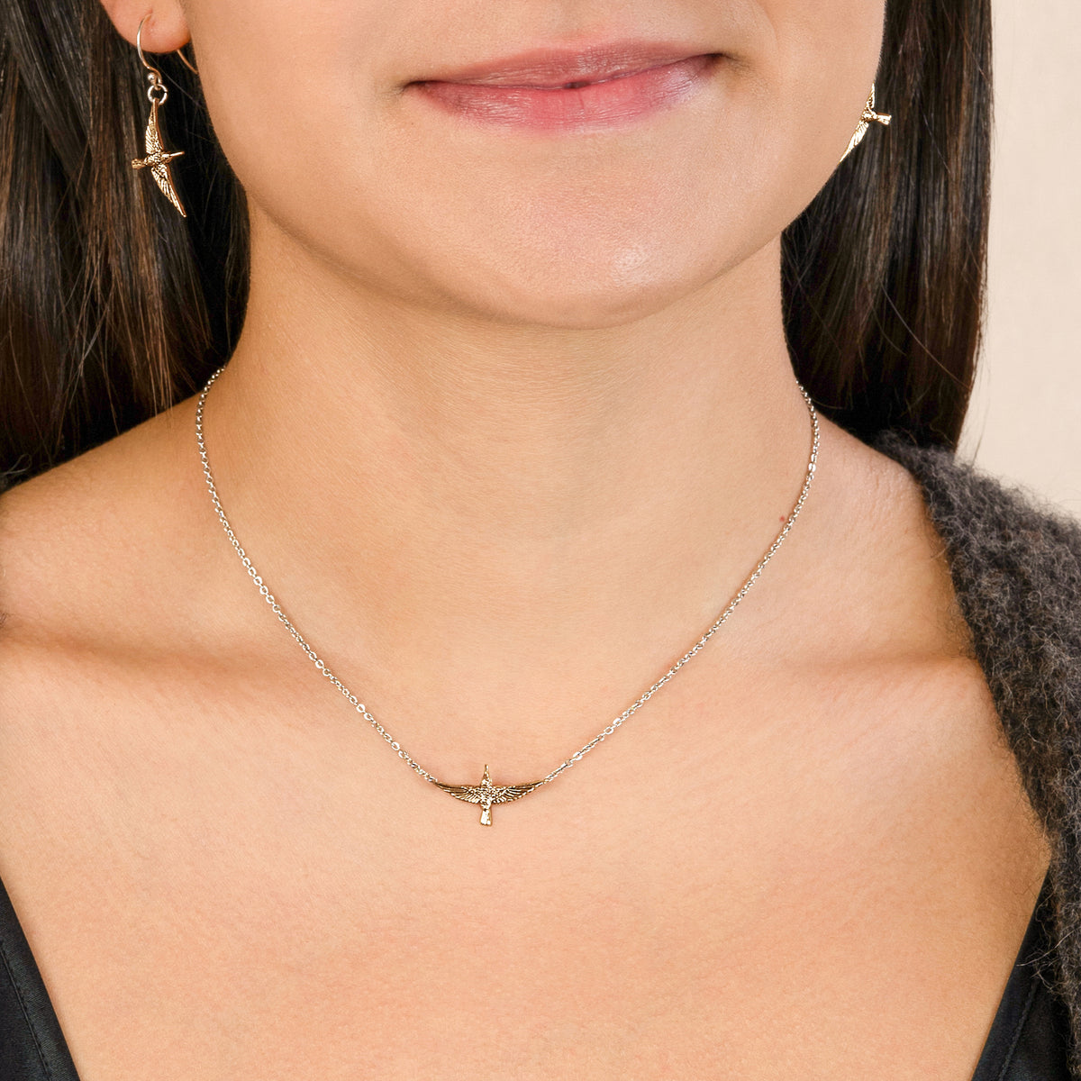 Lucky Hummingbird Necklace in Bronze & Silver - Small