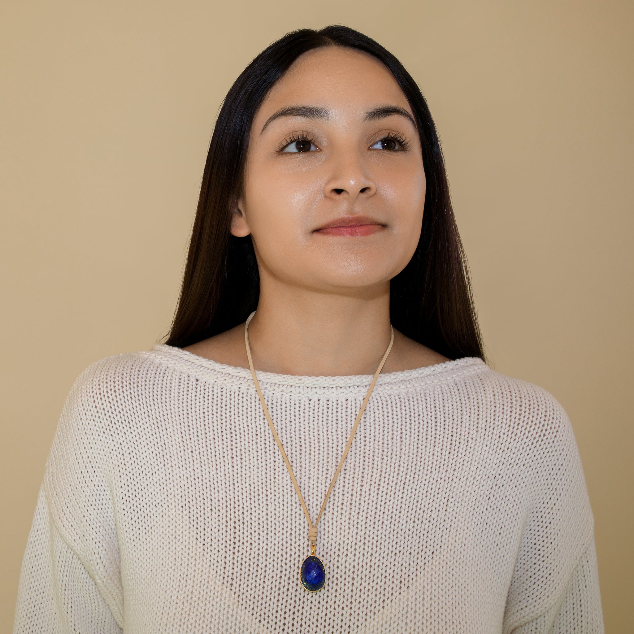 Leather & Stone Necklace in Lapis & Gold