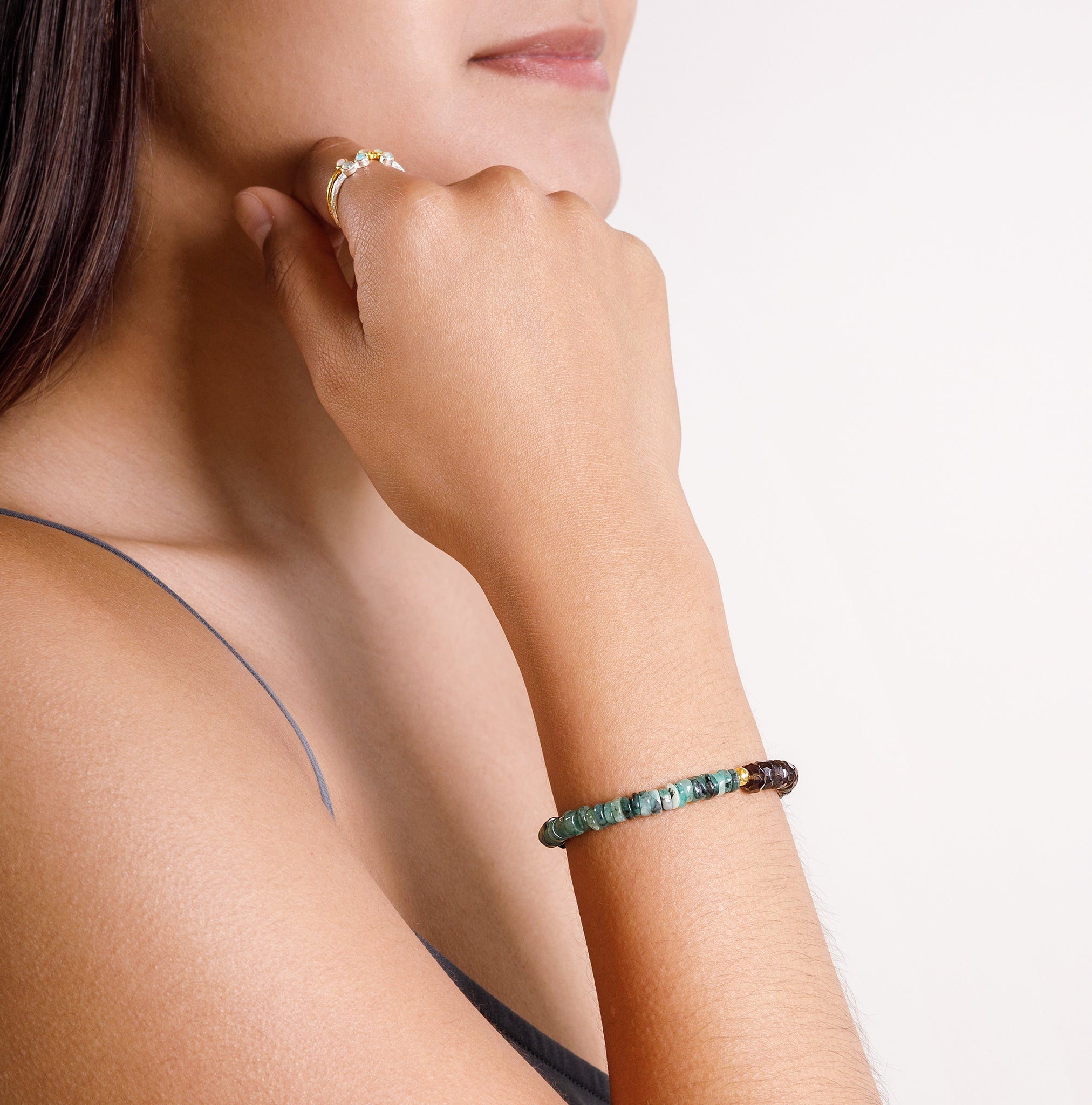 Pyrite's Booty Bracelet in Ruby Zoisite & Emerald Heishi with Smoky Topaz