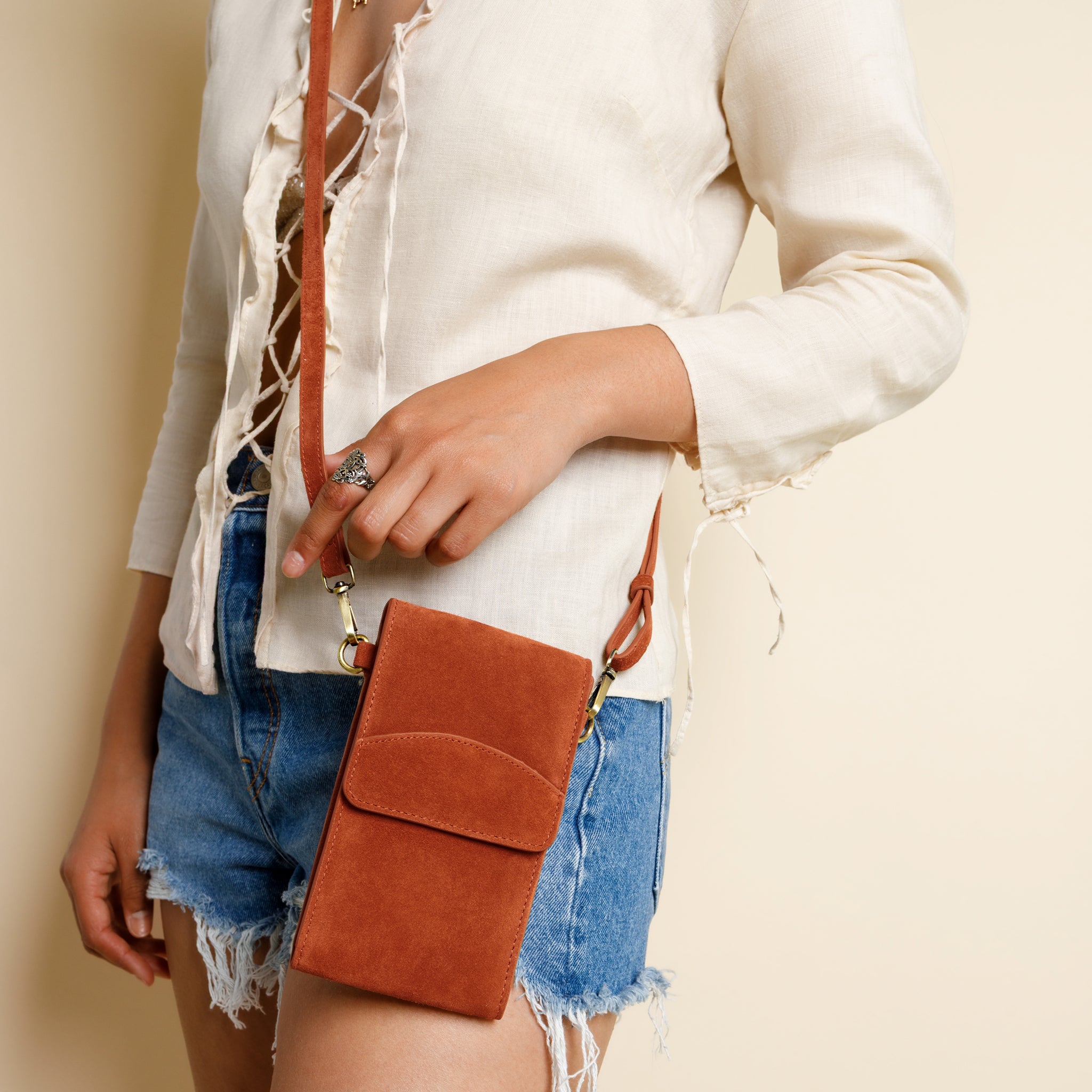 On the Move Leather Phone Bag in Terracotta Orange Suede | Available to Ship May 22, 2026