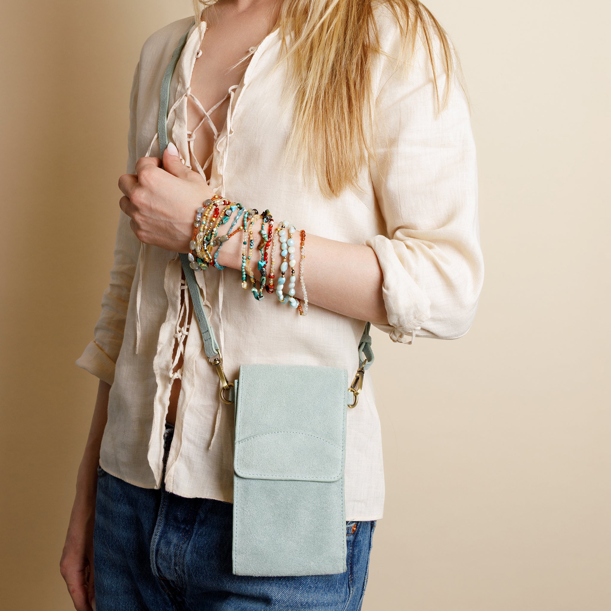 On the Move Leather Phone Bag in Sea Glass Suede | Available to Ship June 12, 2026