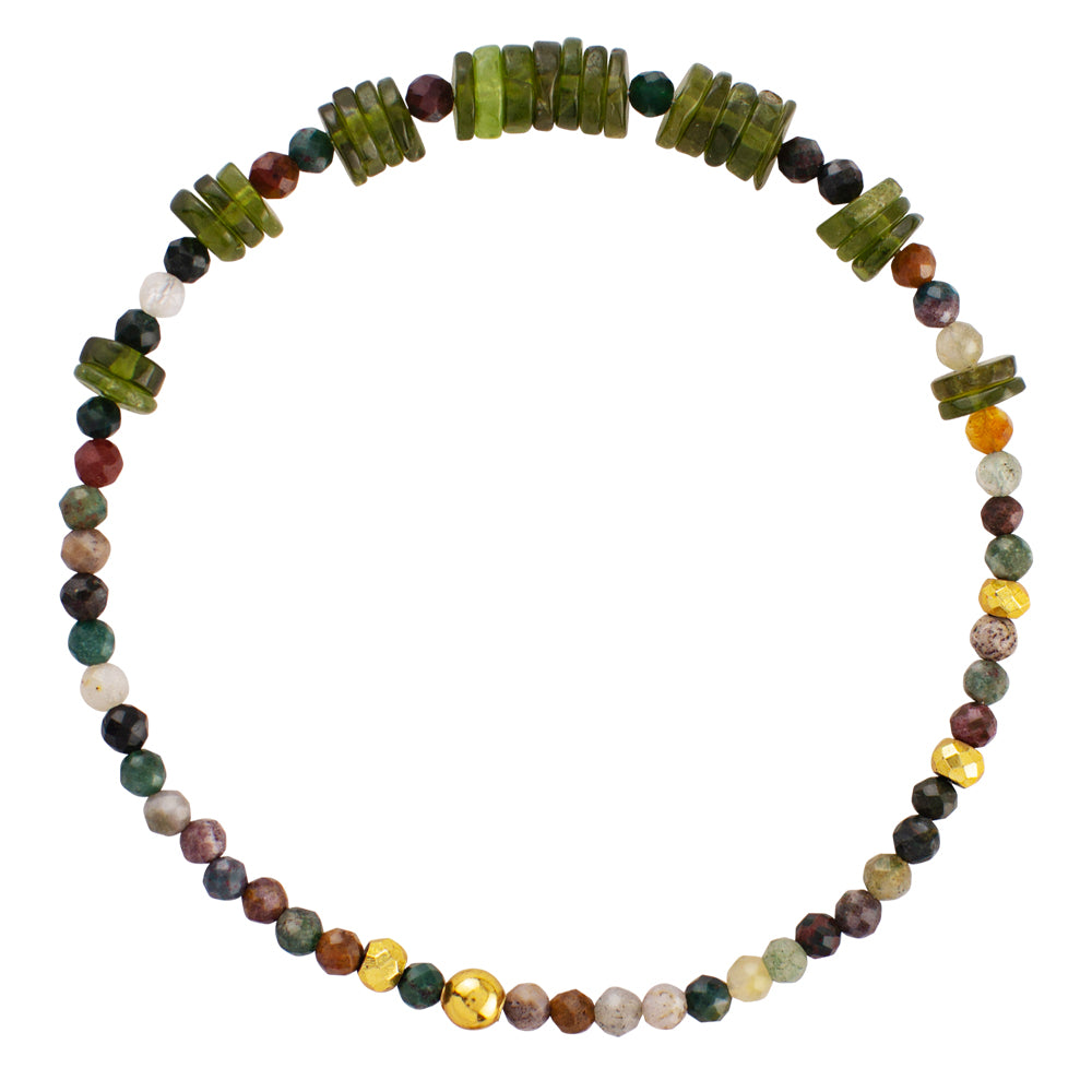 Pyrite's Booty Bracelet in Moss Agate & Vessonite Heishi