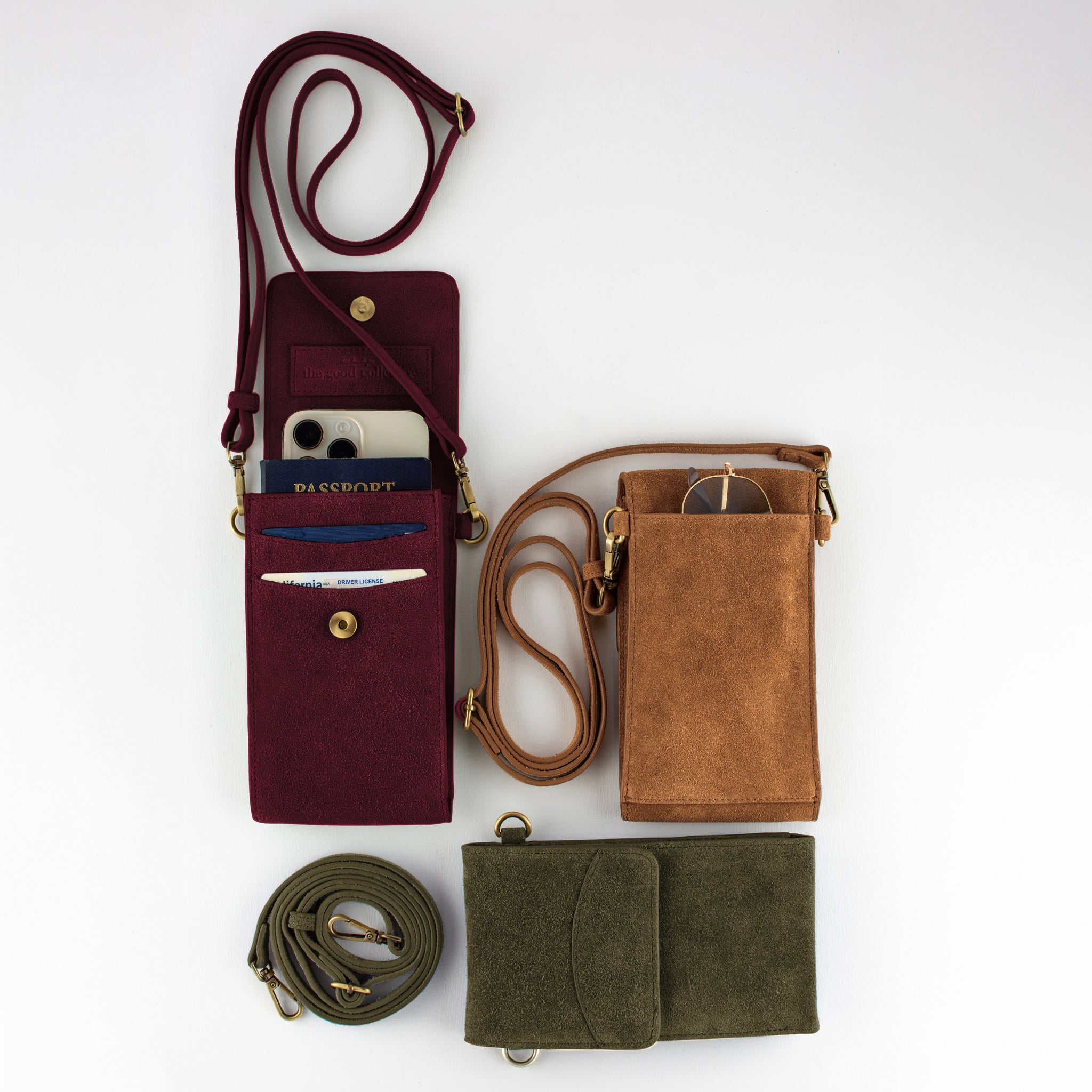 On the Move Leather Phone Bag in Olive Green Suede | Available to Ship November 4, 2025