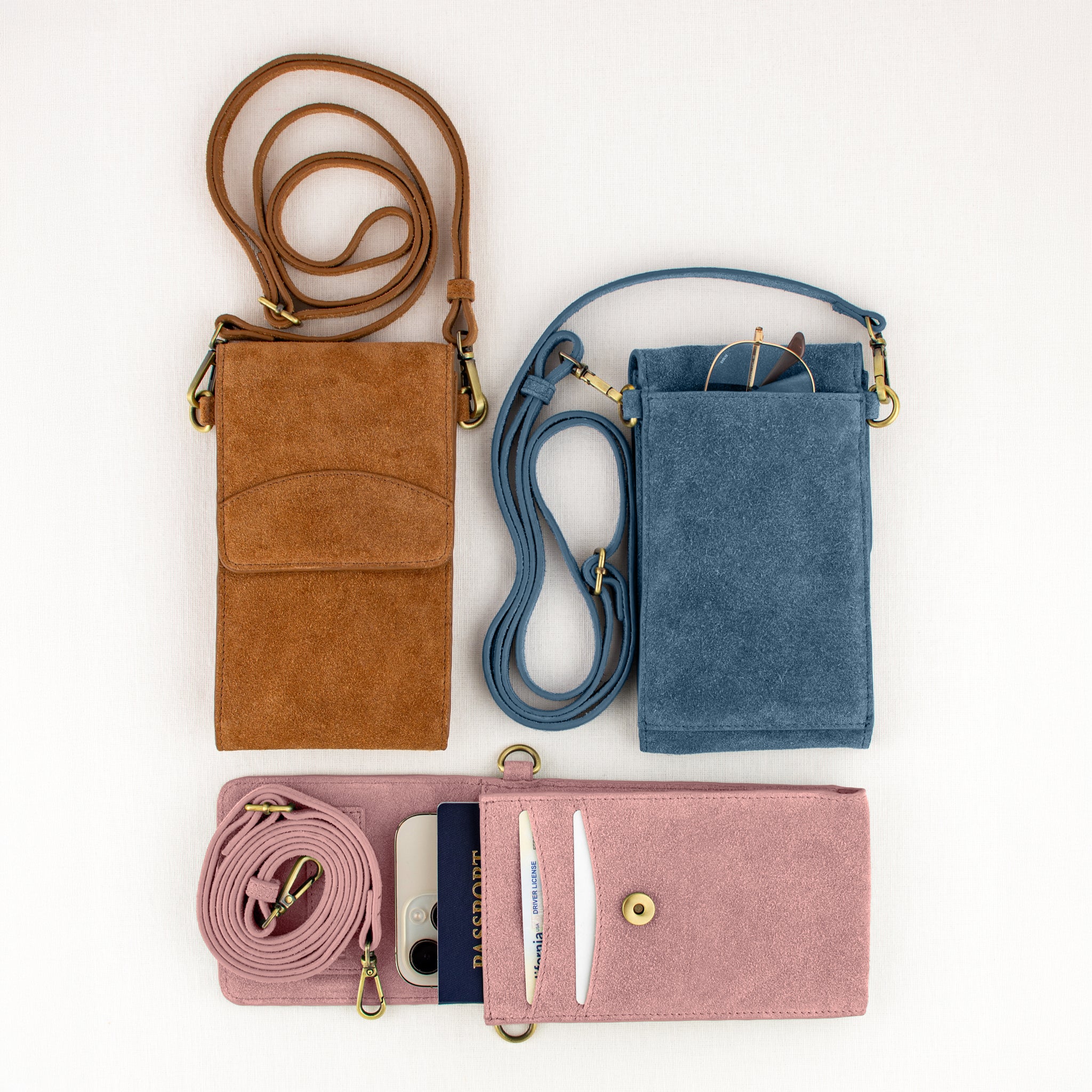 On the Move Leather Phone Bag in Blush Suede