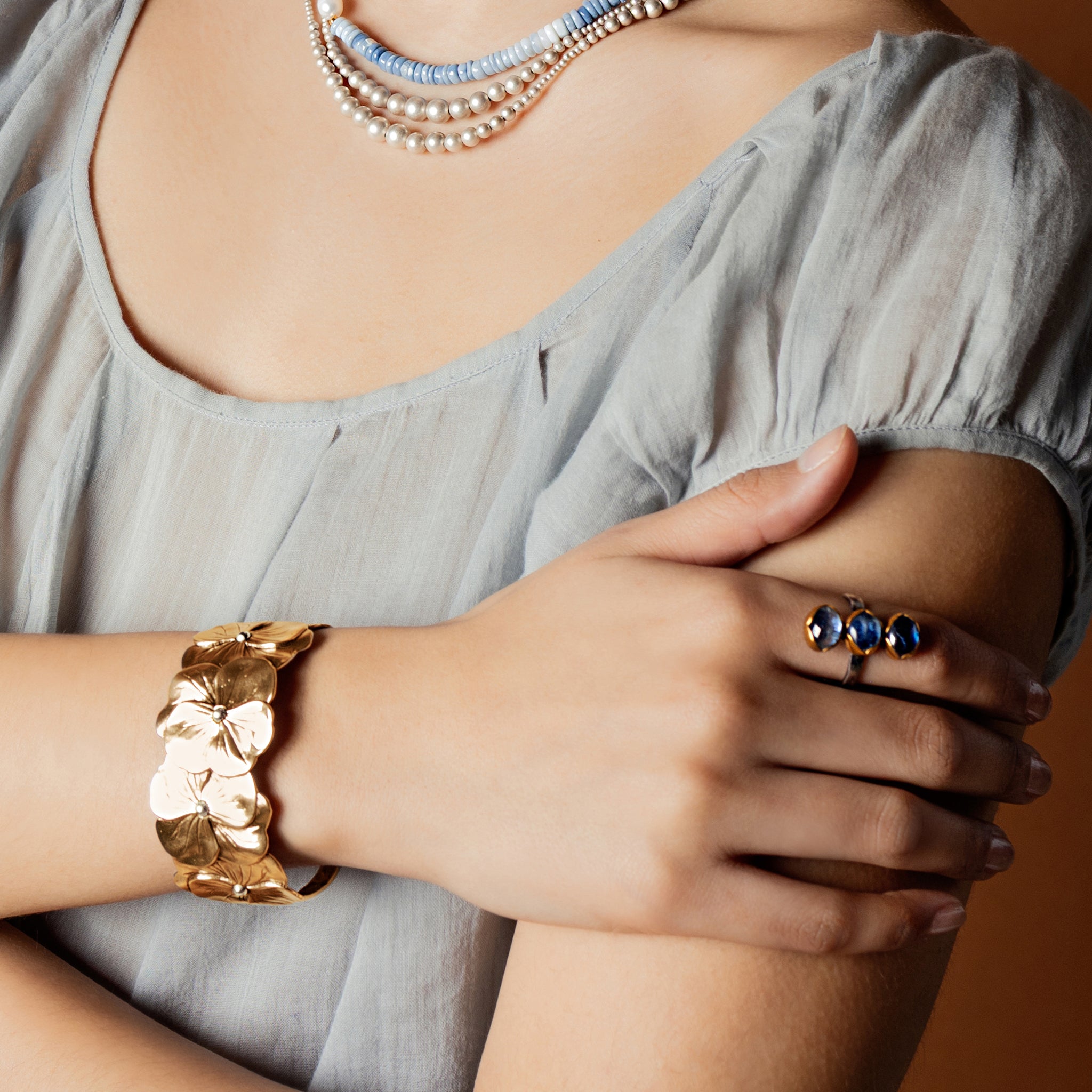 Pansy Chain Cuff in Bronze with Silver Accents