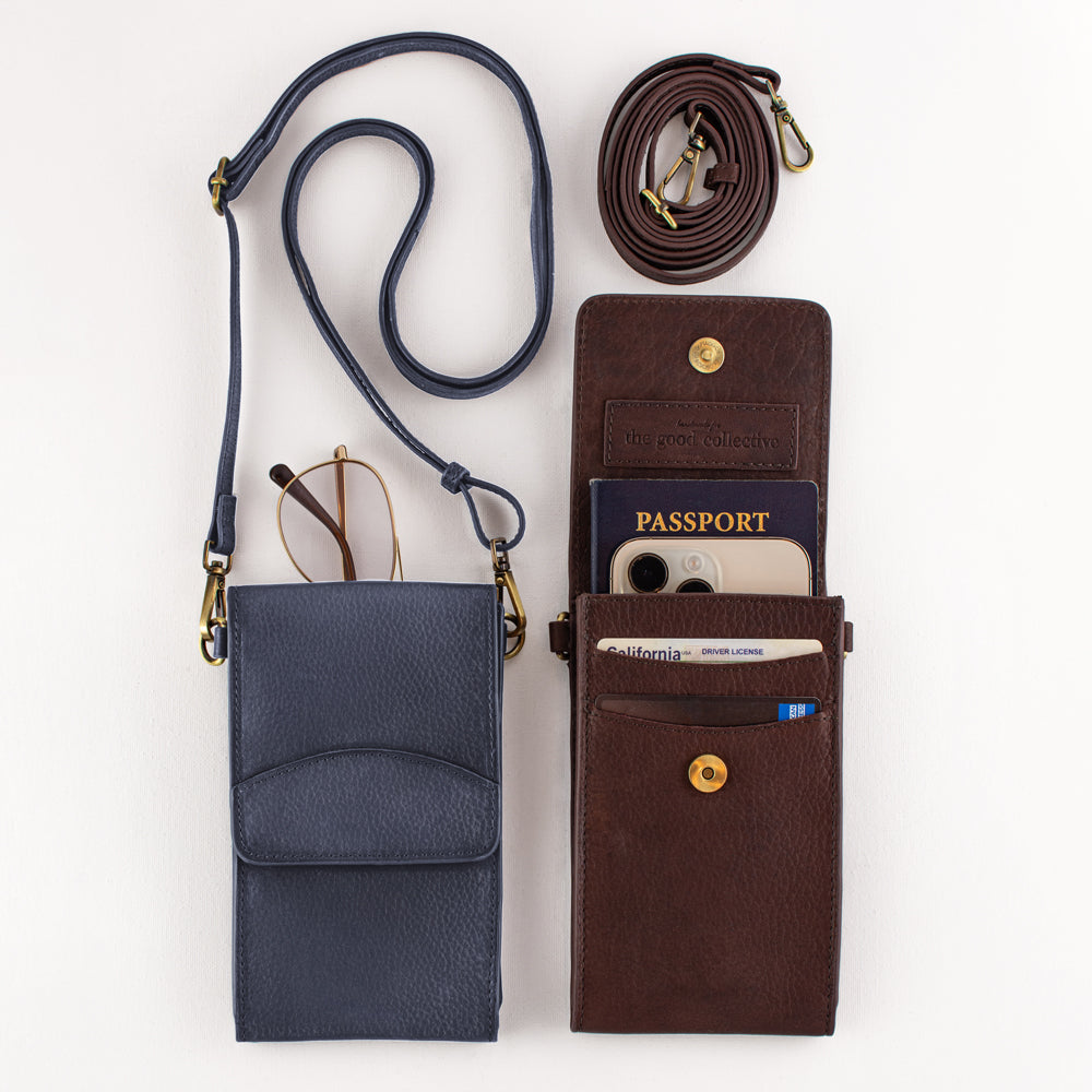 On the Move Leather Phone Bag in Navy Blue | Available to Ship April 2, 2026