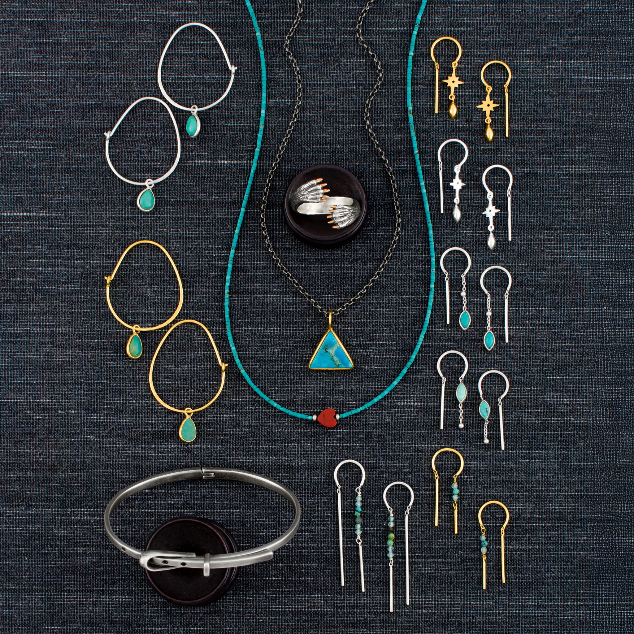 Triad Necklace in Turquoise & Gold & Antiqued Sterling