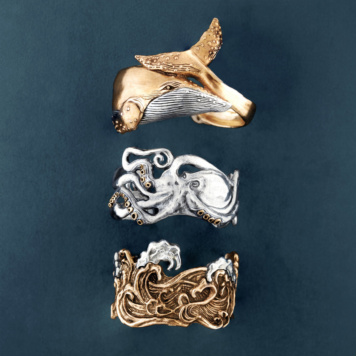 Octopus Cuff Bracelet in Silver with Bronze Accents - Wide