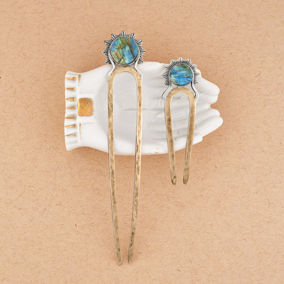 Stoneburst Hair Pin in Labradorite & Bronze with Silver Accents - 2 1/2" L | Available to Ship September 10, 2026