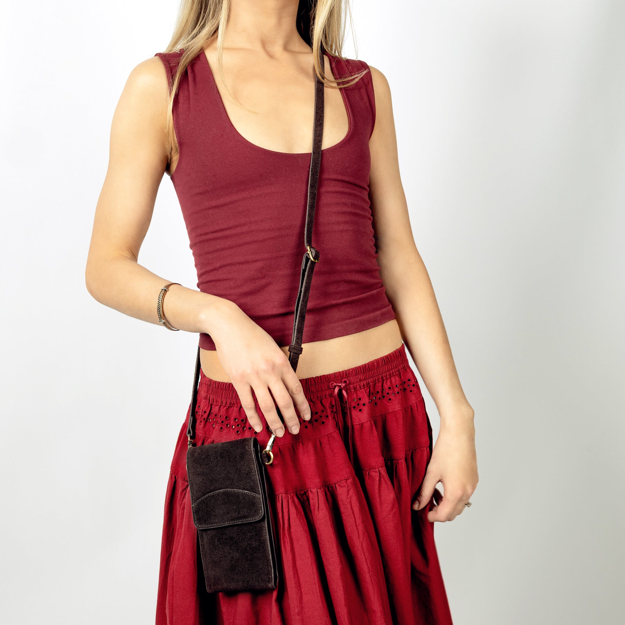 On the Move Leather Phone Bag in Chocolate Brown Suede