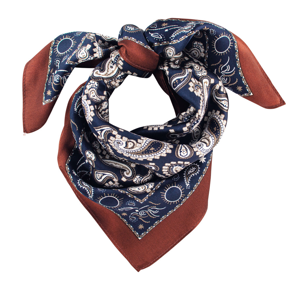 Bordered Silk Paisley Scarf - Navy & Copper