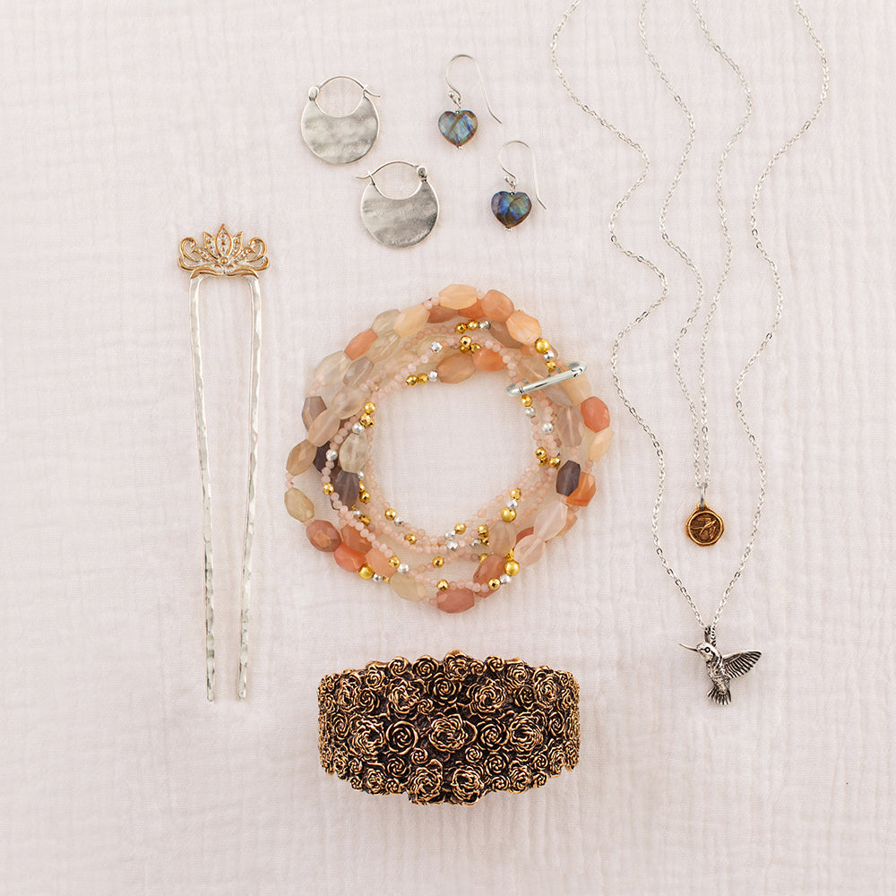 Pyrite's Booty Bracelet in 2mm Peach Moonstone and Faceted Oval Shaded Moonstone