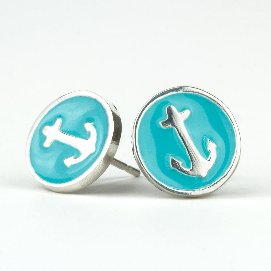 Anchor Badge Earring - Silver & Aqua - FINAL SALE