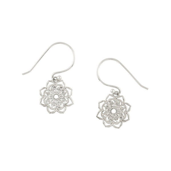 Petite Open Heart Mandala Earrings in Silver